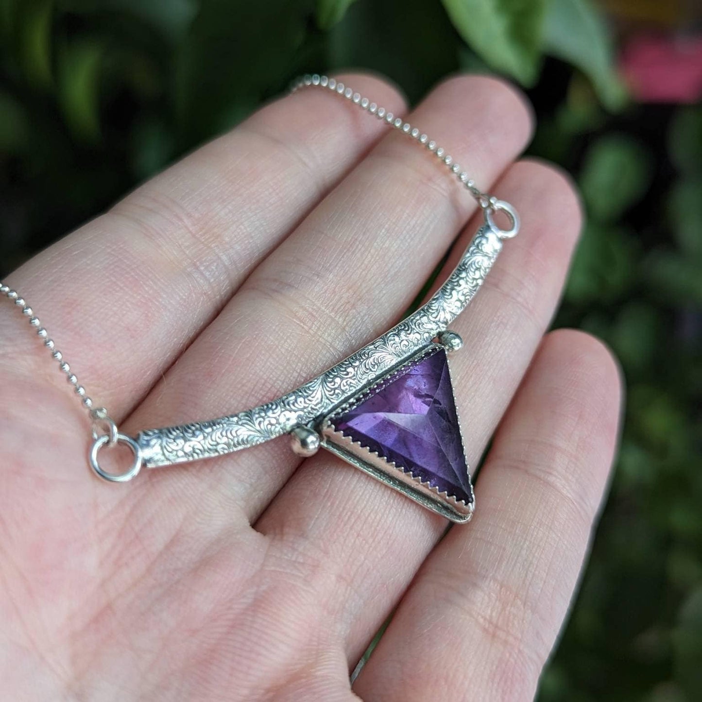 925 Sterling Silver Amethyst Spike Feathered Pendant Necklace - 16"
