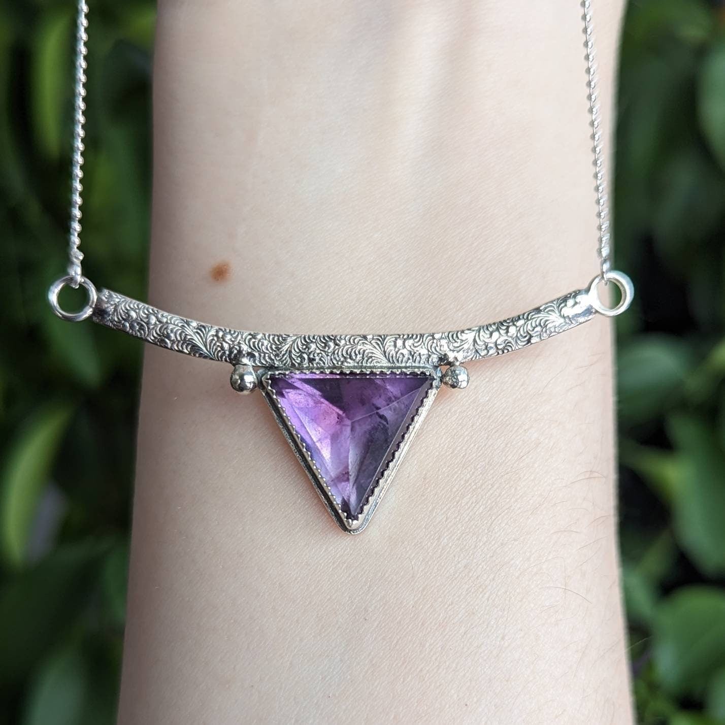 925 Sterling Silver Amethyst Spike Feathered Pendant Necklace - 16"