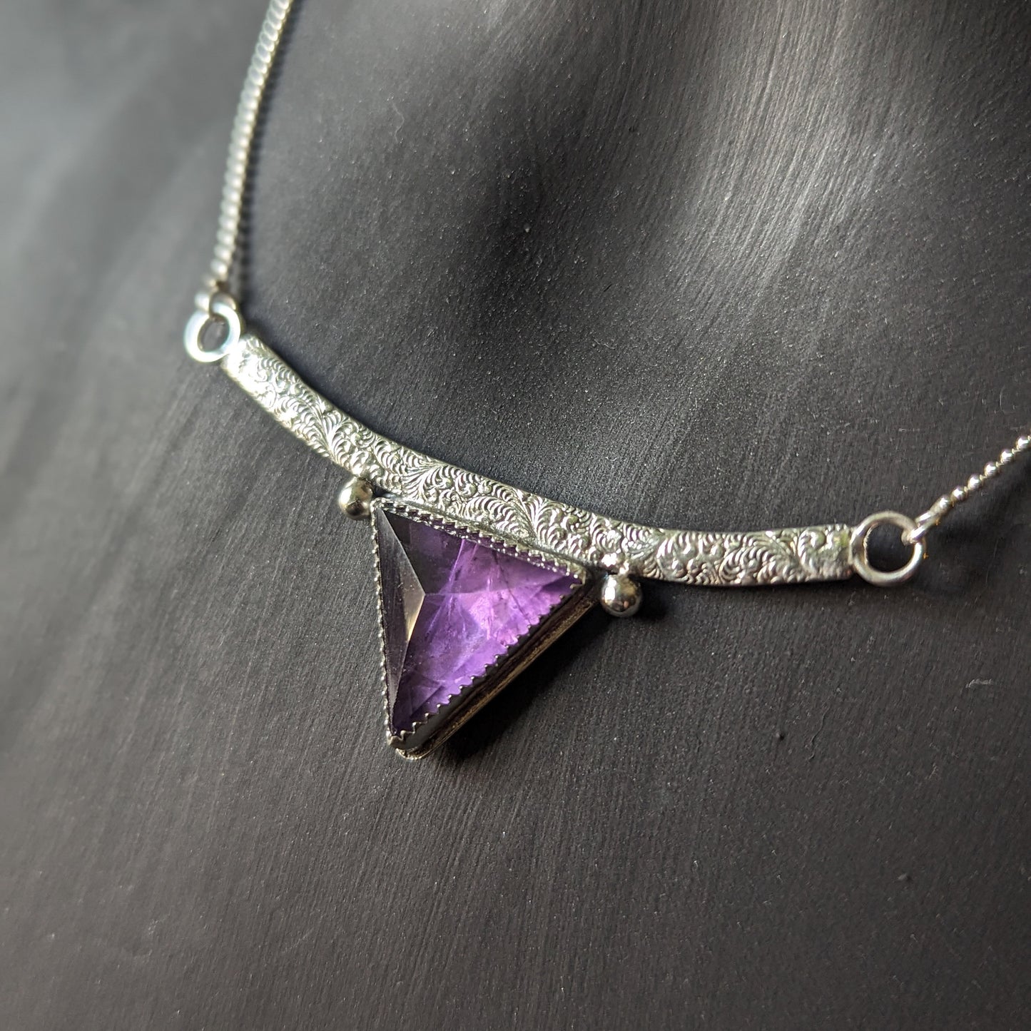 925 Sterling Silver Amethyst Spike Feathered Pendant Necklace - 16"
