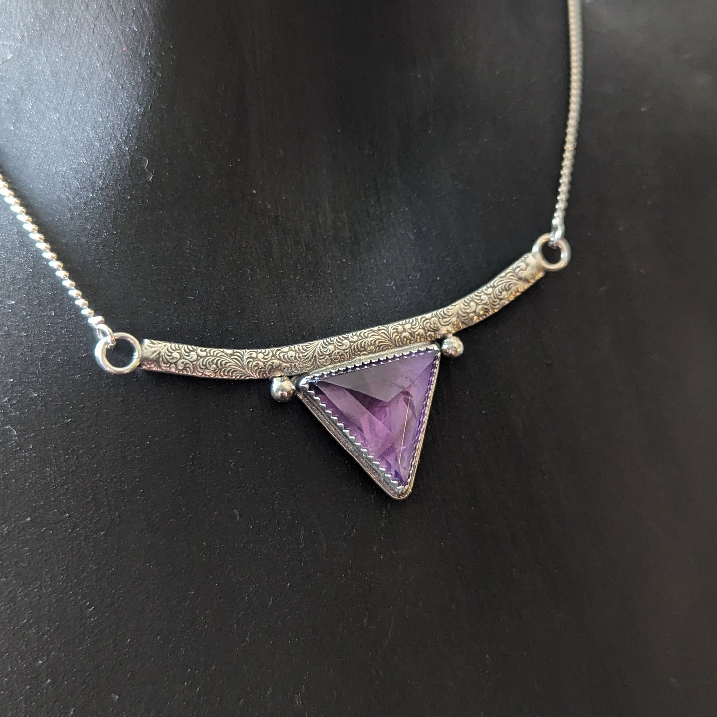 925 Sterling Silver Amethyst Spike Feathered Pendant Necklace - 16"