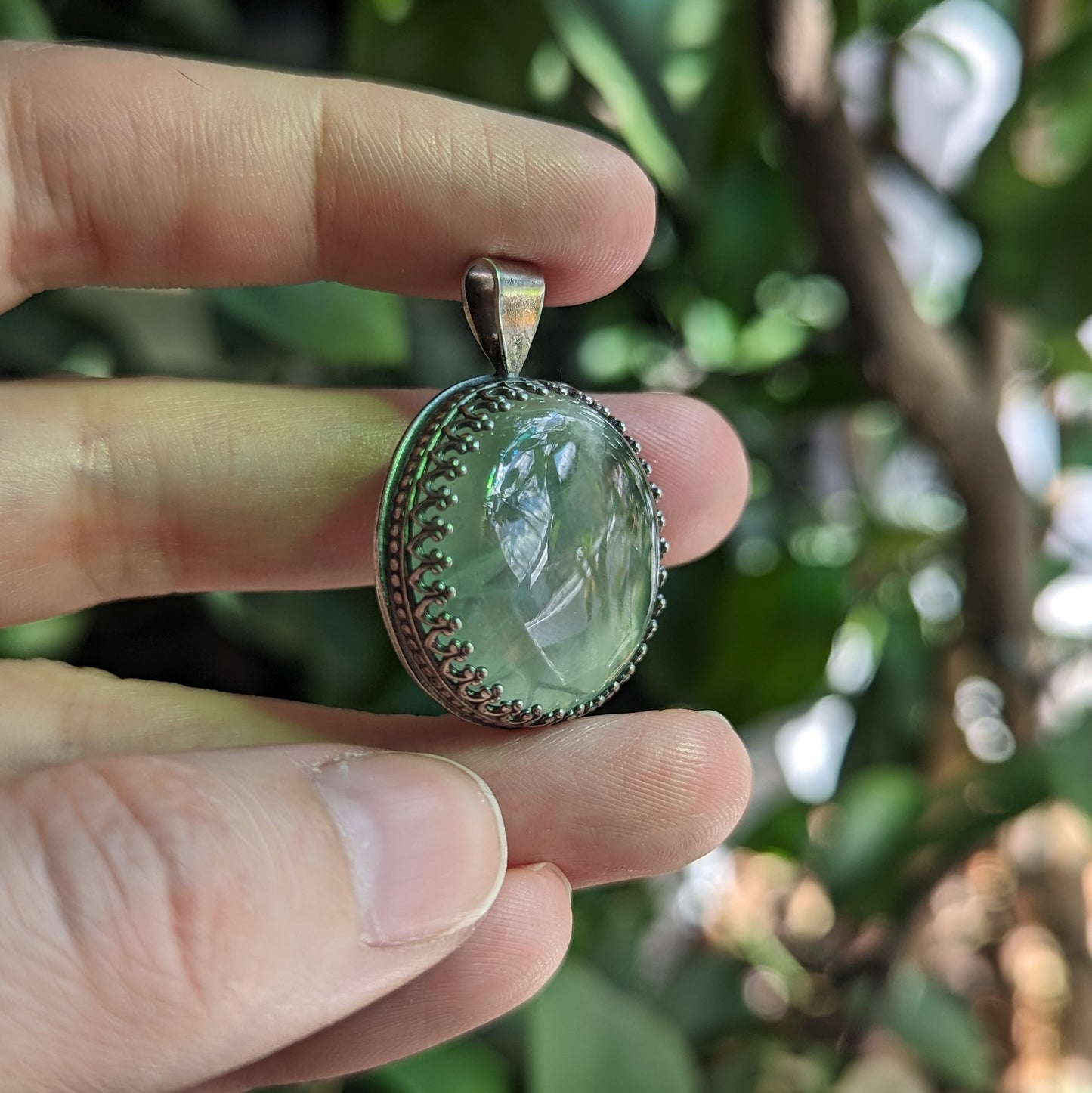 925 Sterling Silver Prehnite Moon Pendant Necklace | Elder God Talisman