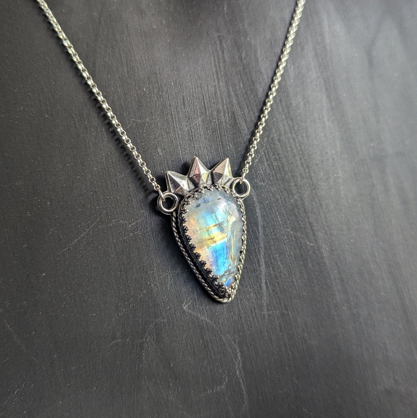 925 Sterling Silver Rainbow Moonstone with Black Tourmaline Spike Queen Talisman Necklace - 18"