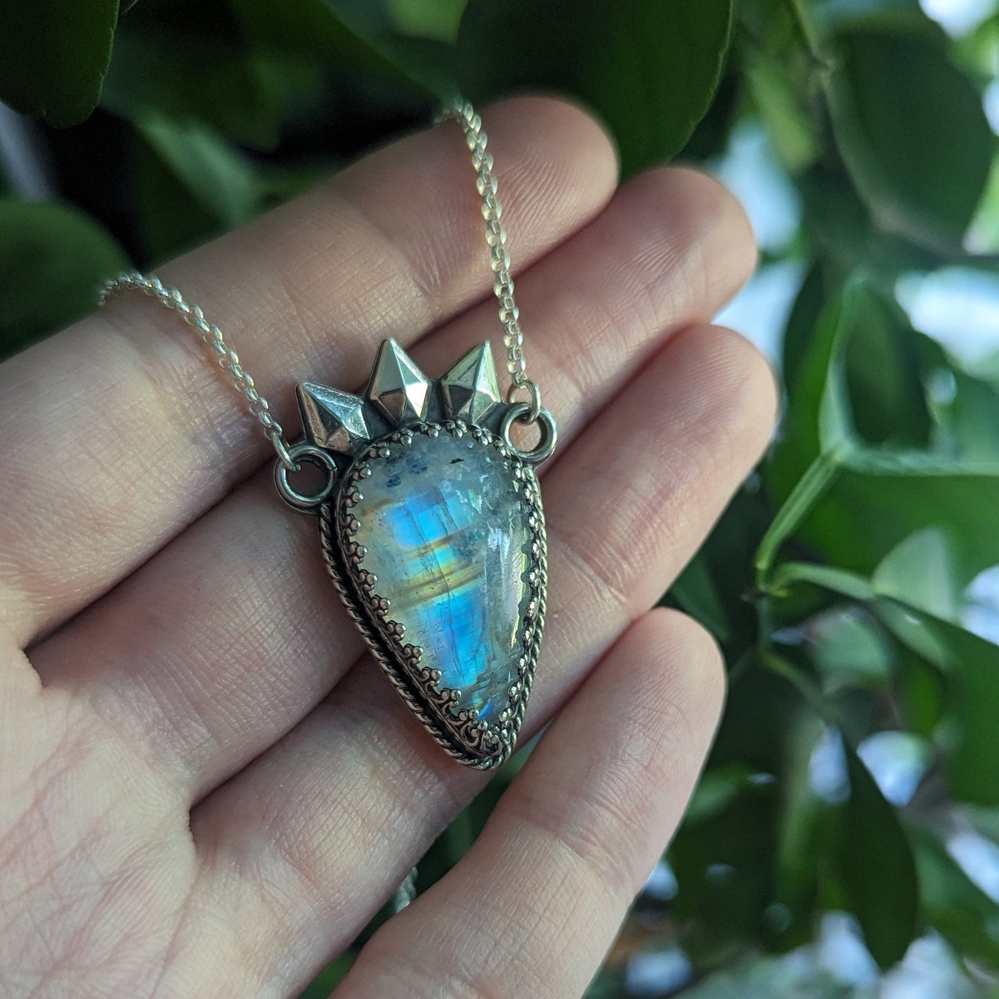 925 Sterling Silver Rainbow Moonstone with Black Tourmaline Spike Queen Talisman Necklace - 18"
