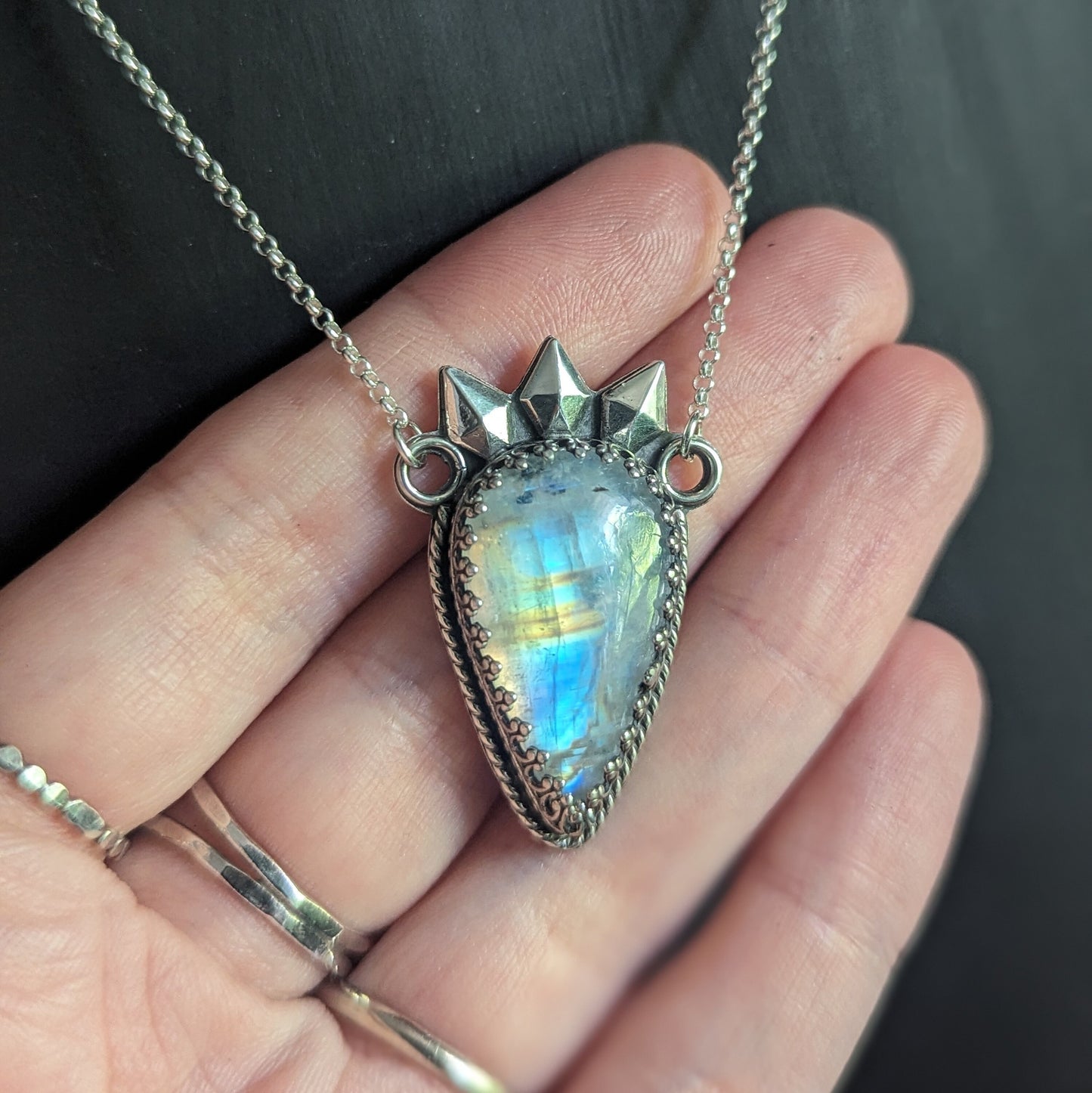 925 Sterling Silver Rainbow Moonstone with Black Tourmaline Spike Queen Talisman Necklace - 18"