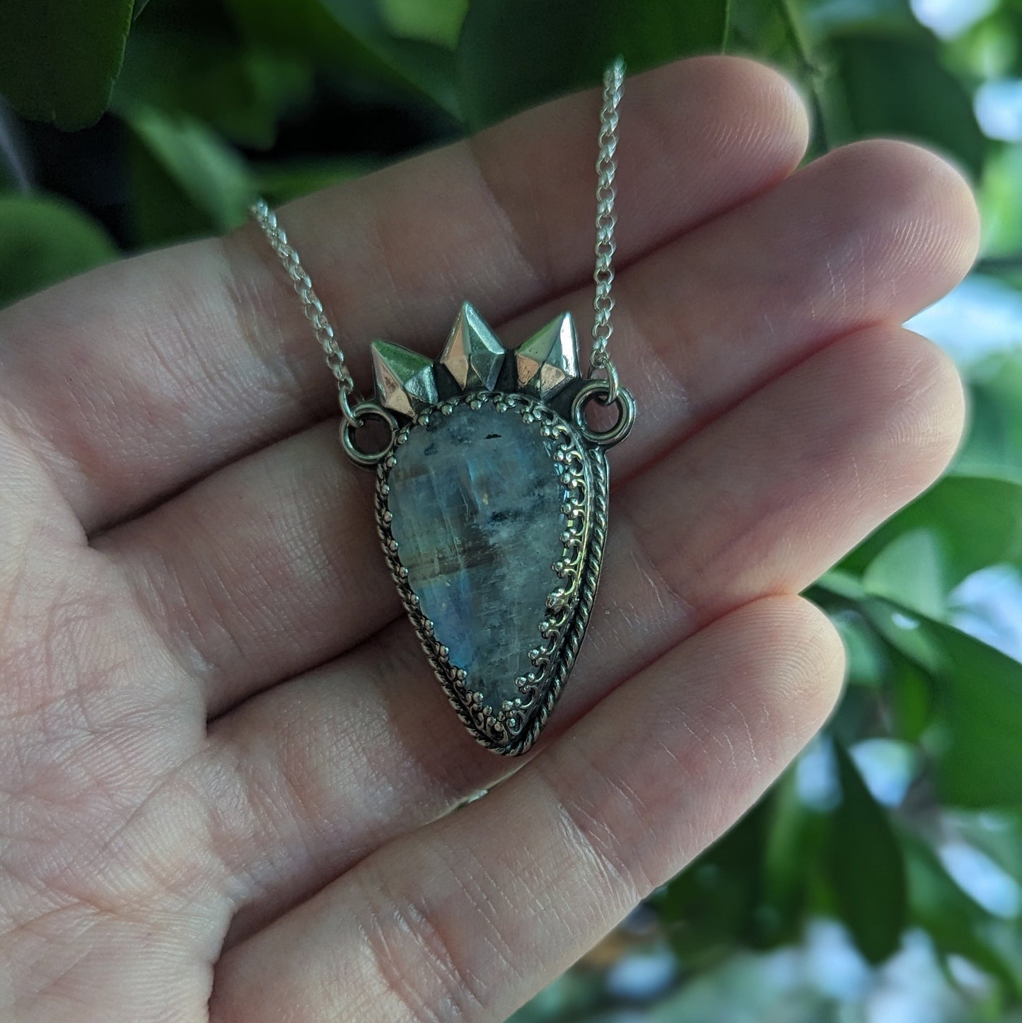 925 Sterling Silver Rainbow Moonstone with Black Tourmaline Spike Queen Talisman Necklace - 18"