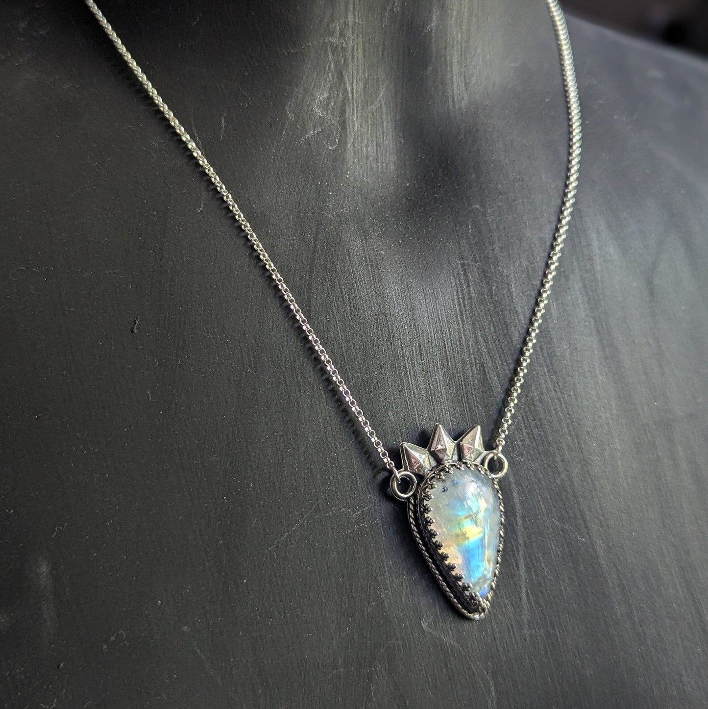 925 Sterling Silver Rainbow Moonstone with Black Tourmaline Spike Queen Talisman Necklace - 18"