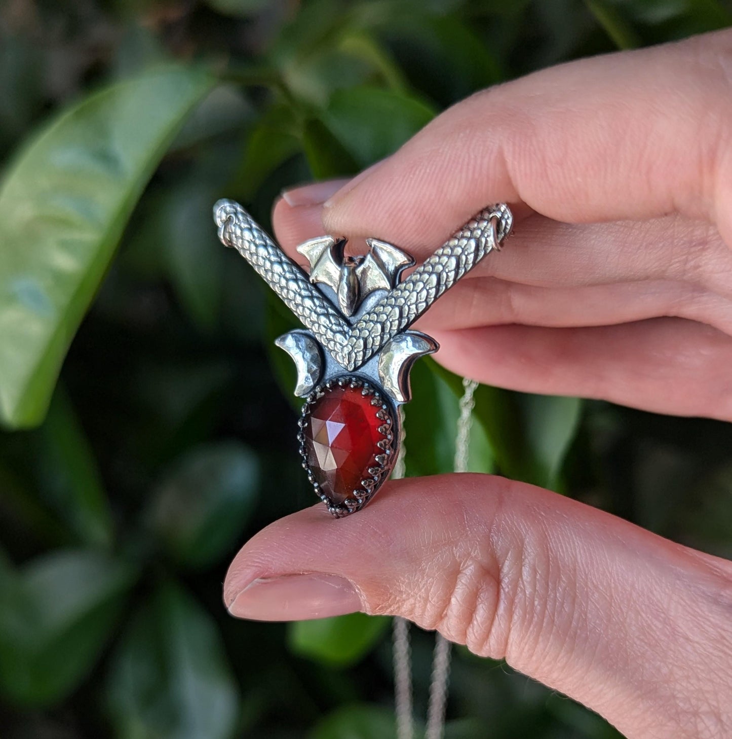 925 Sterling Silver Hessonite Garnet Dainty Bat Pendant Necklace - 16"