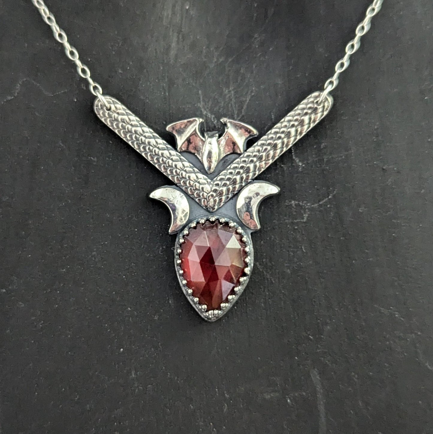 925 Sterling Silver Hessonite Garnet Dainty Bat Pendant Necklace - 16"