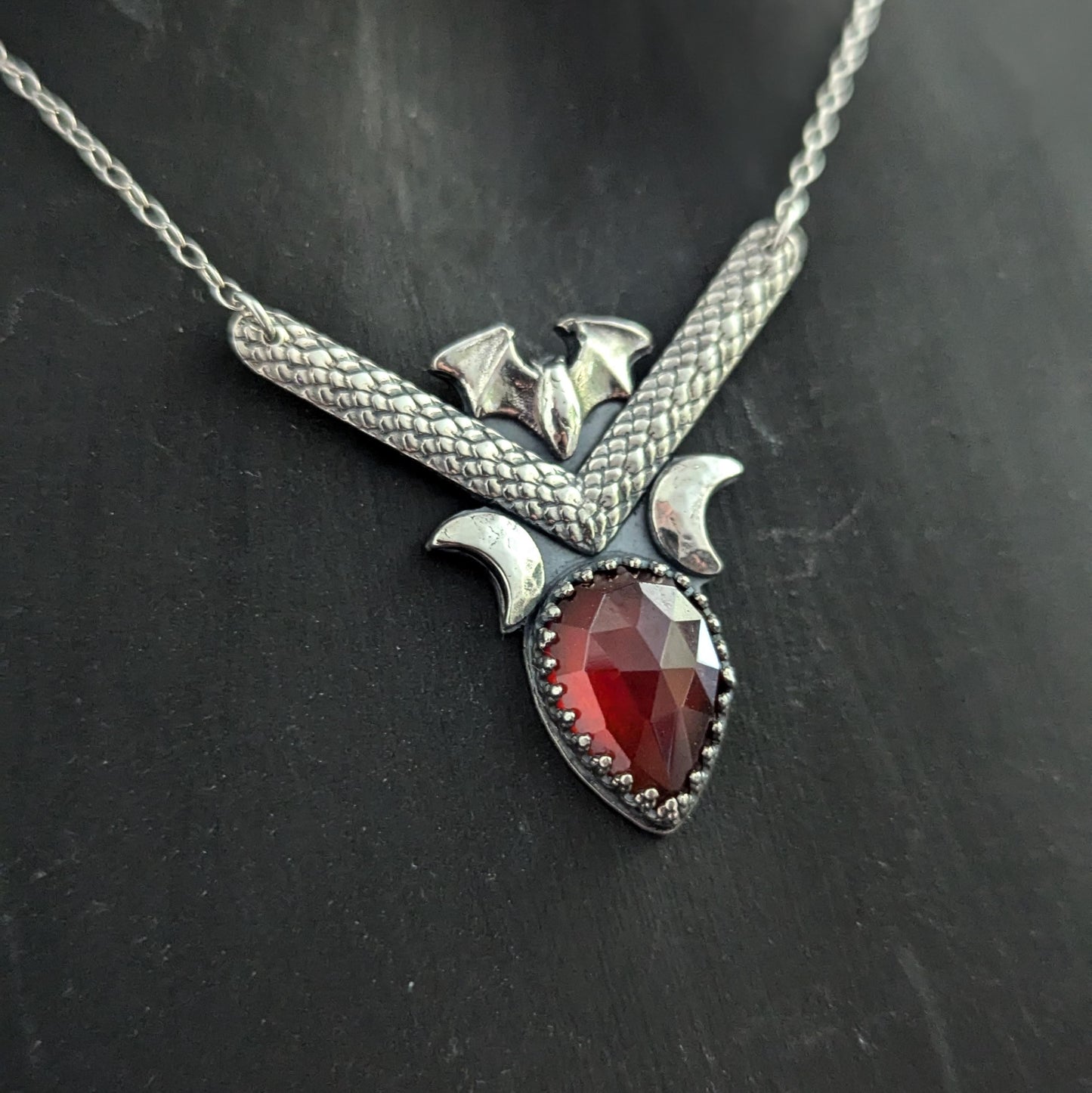 925 Sterling Silver Hessonite Garnet Dainty Bat Pendant Necklace - 16"