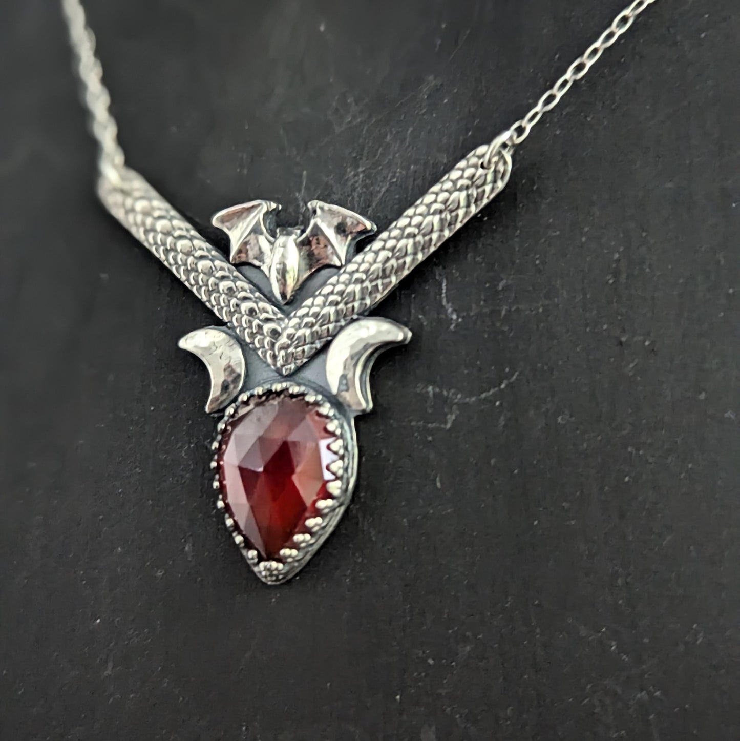 925 Sterling Silver Hessonite Garnet Dainty Bat Pendant Necklace - 16"