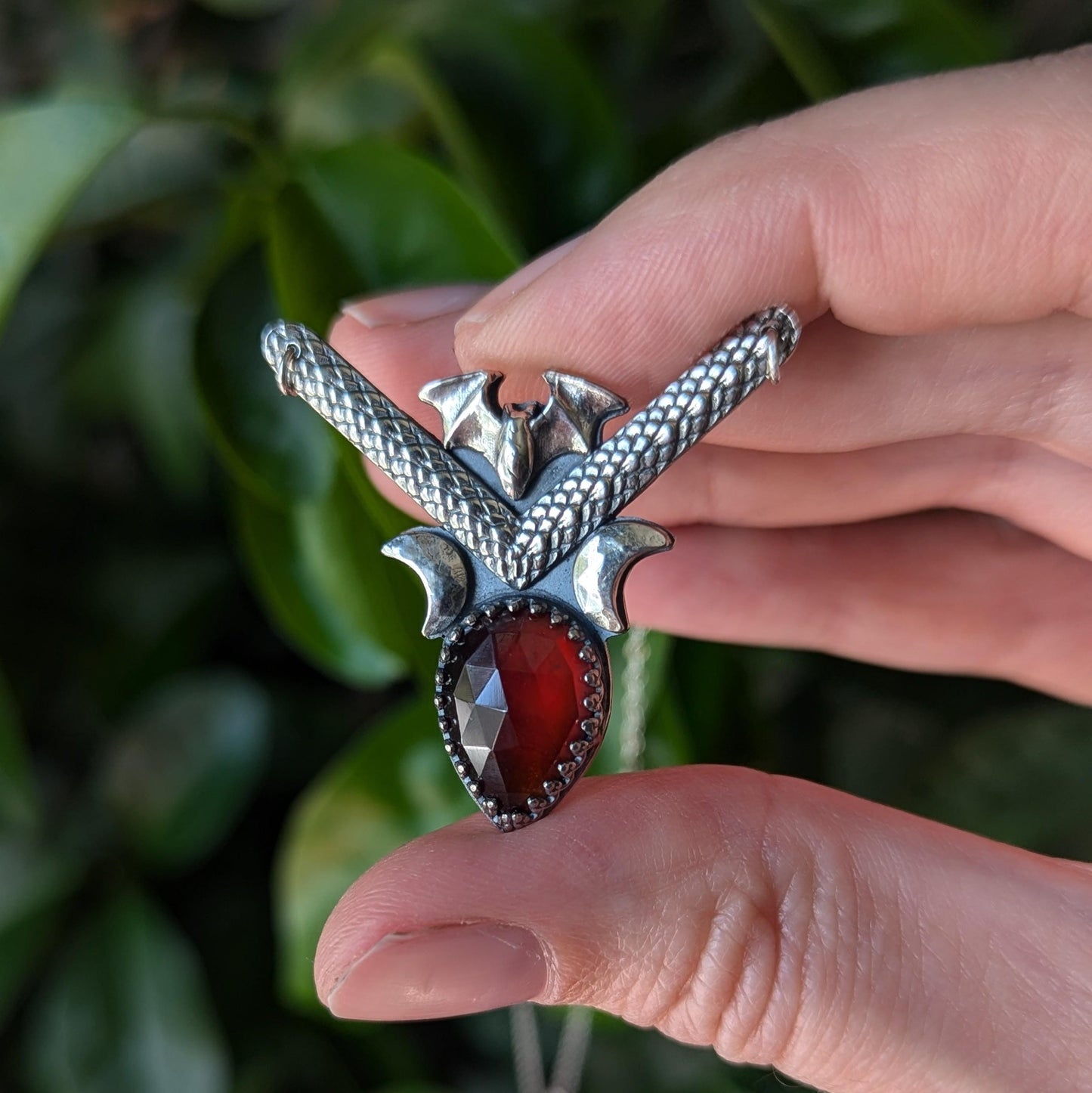 925 Sterling Silver Hessonite Garnet Dainty Bat Pendant Necklace - 16"