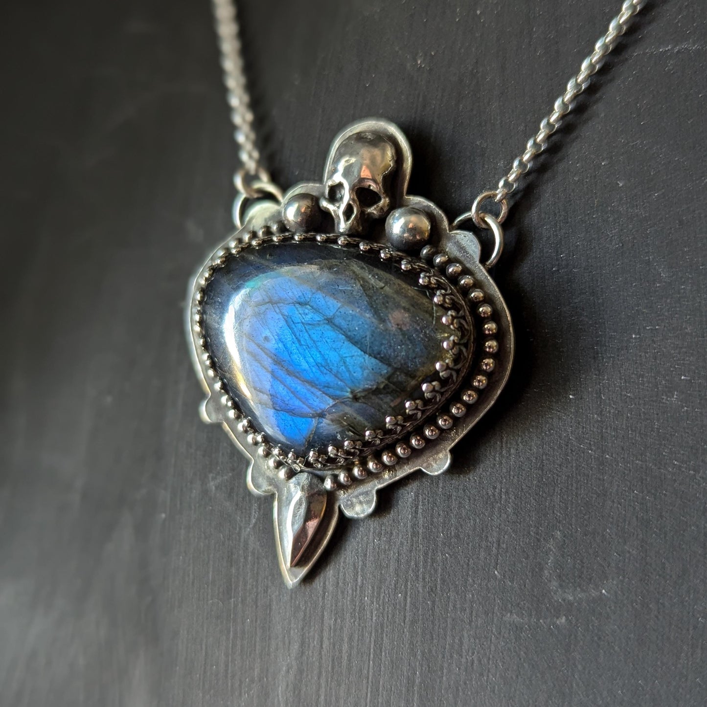 925 Sterling Silver Blue Labradorite Skull Pendant Necklace - 18"