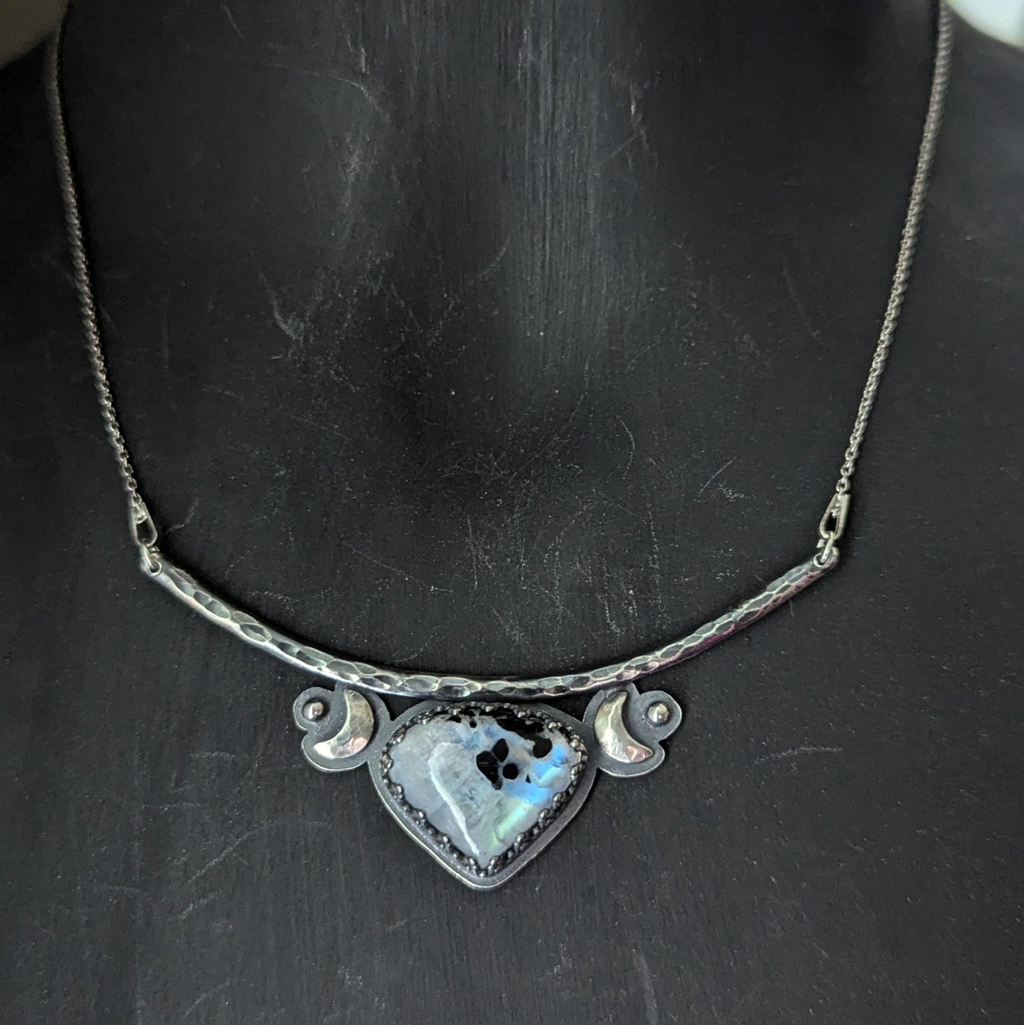 925 Sterling Silver Dark Celestial Rainbow Moonstone with Black Tourmaline Pendant Necklace - 16"