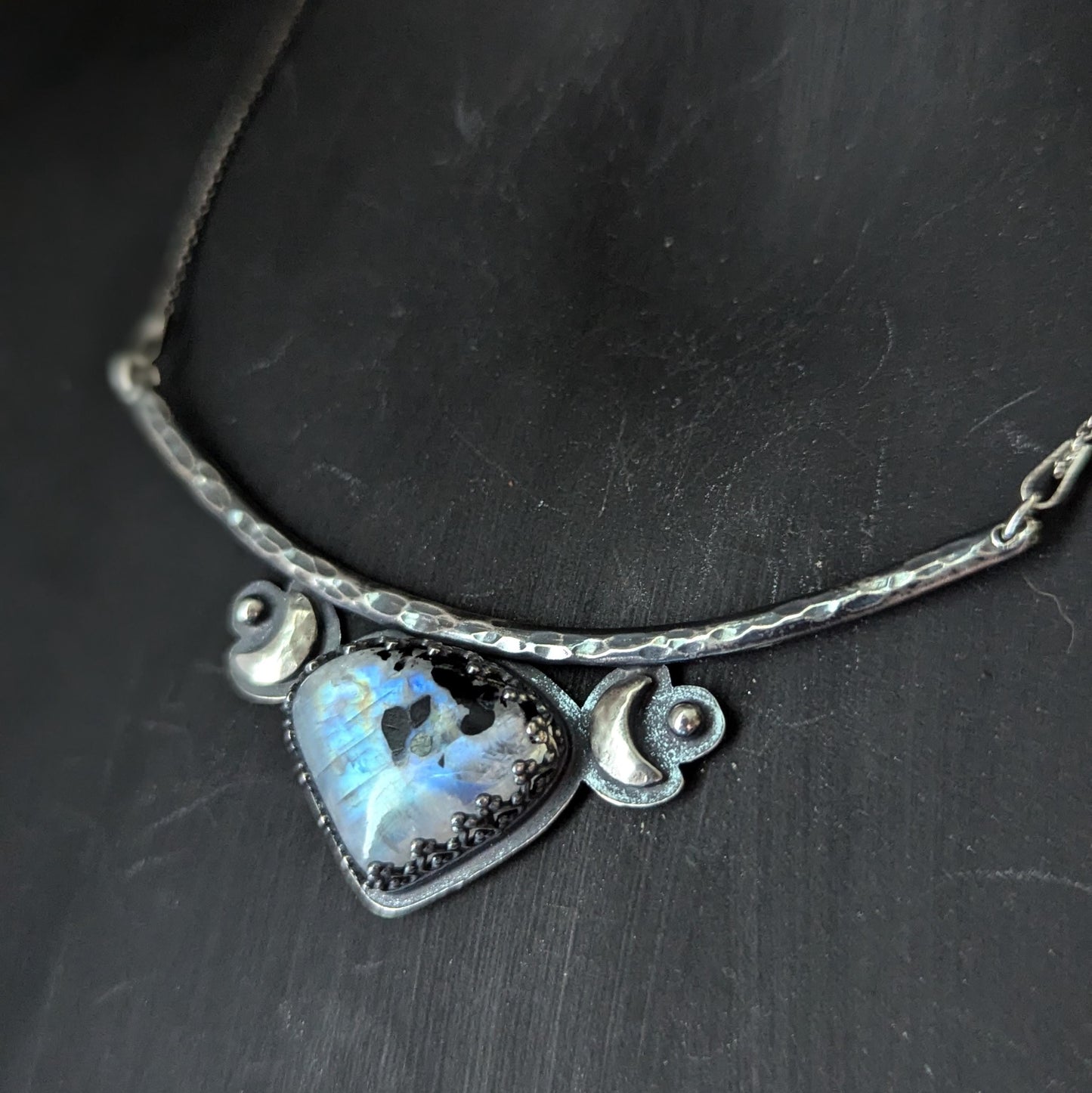 925 Sterling Silver Dark Celestial Rainbow Moonstone with Black Tourmaline Pendant Necklace - 16"