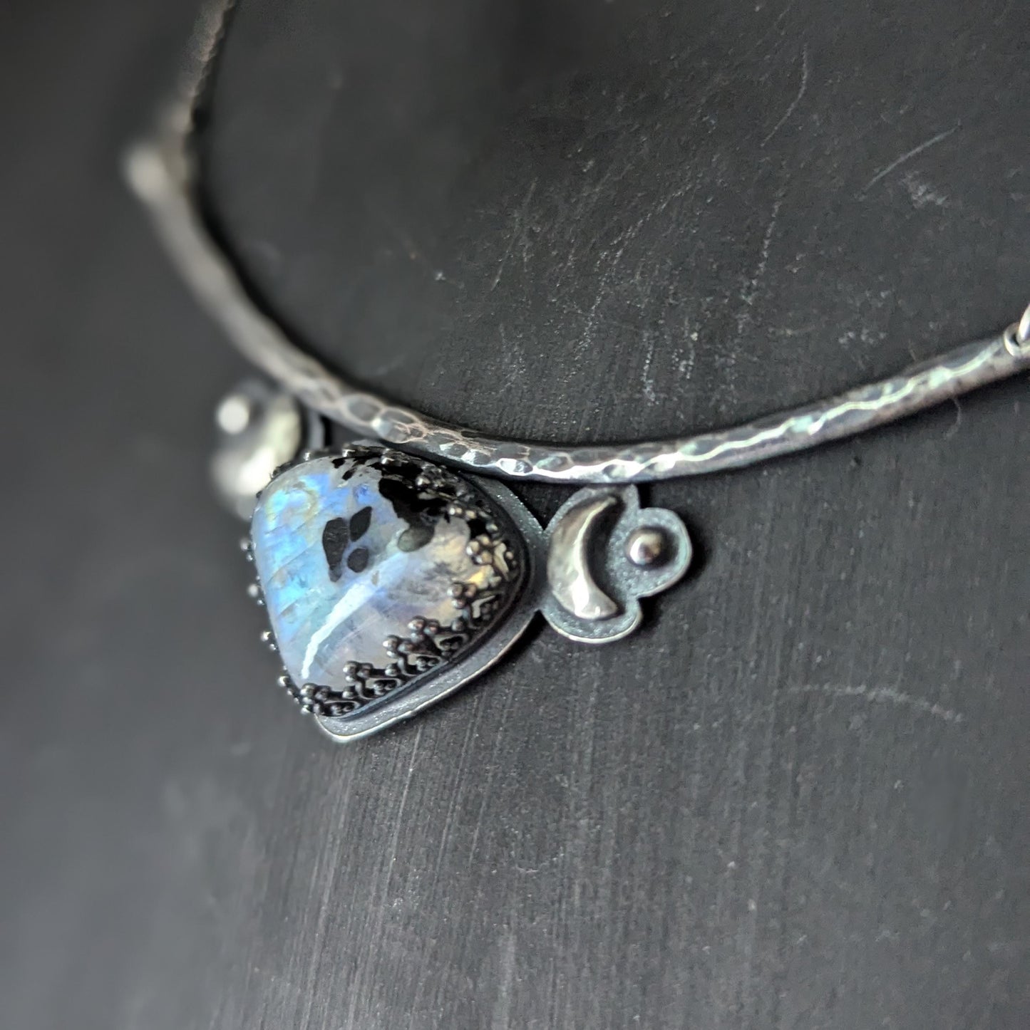 925 Sterling Silver Dark Celestial Rainbow Moonstone with Black Tourmaline Pendant Necklace - 16"