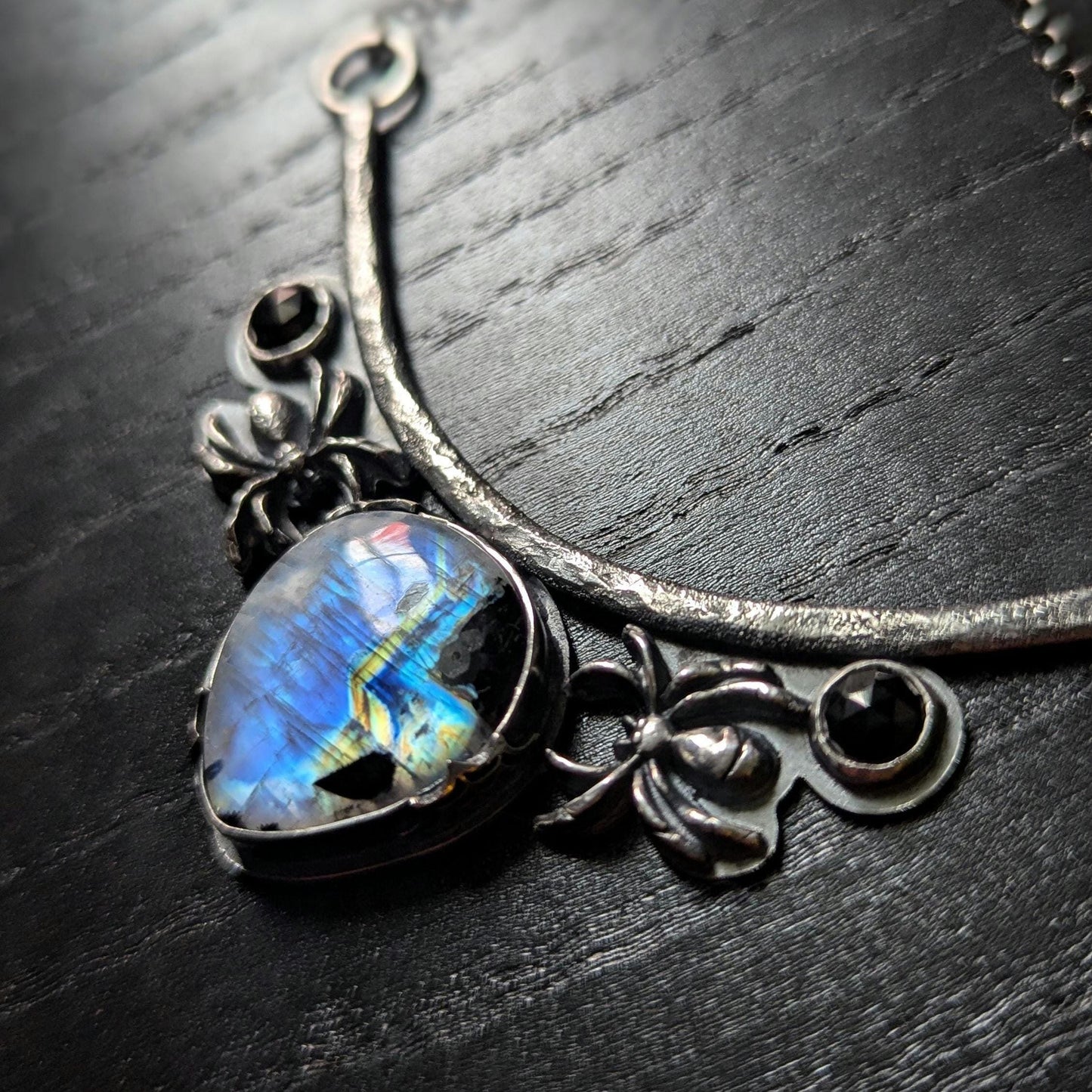925 Sterling Silver Rainbow Moonstone with Black Tourmaline and Black Spinel Spider Web Pendant Necklace - 18"