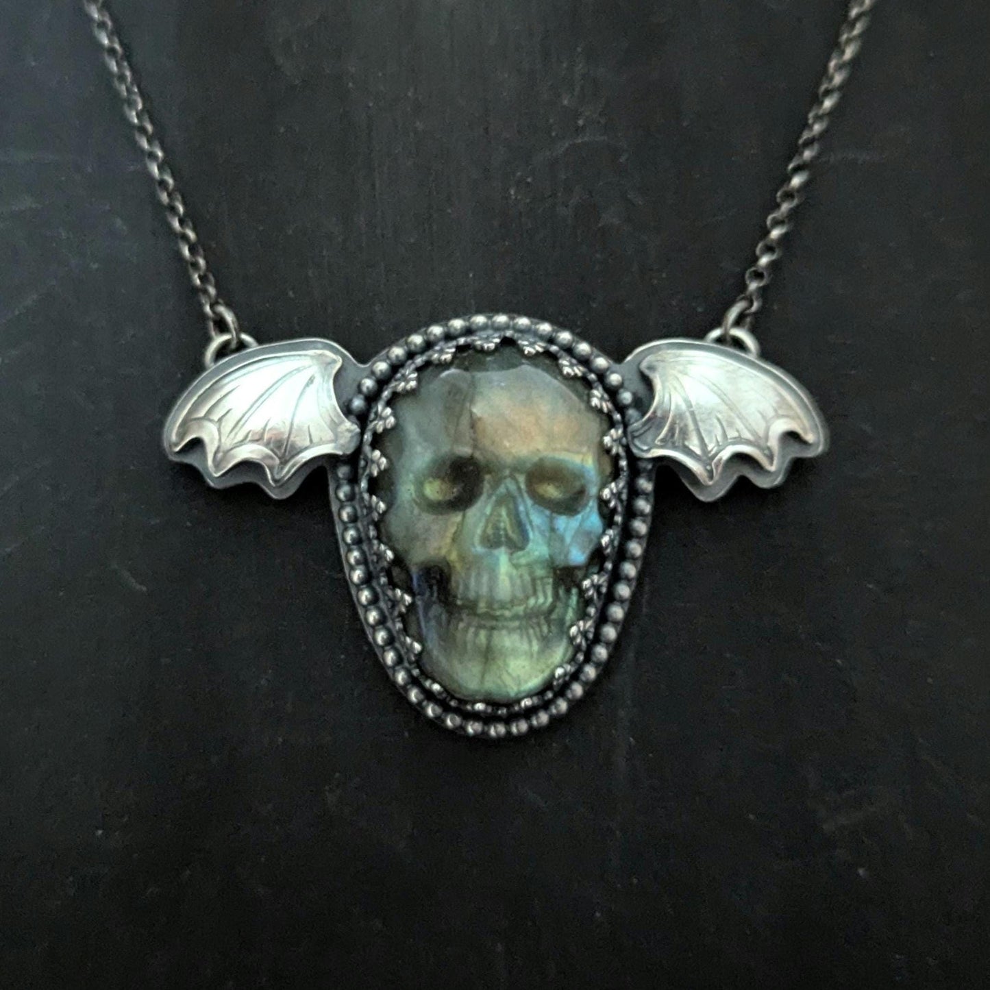 925 Sterling Silver Labradorite Flying Skull Pendant Necklace 18"