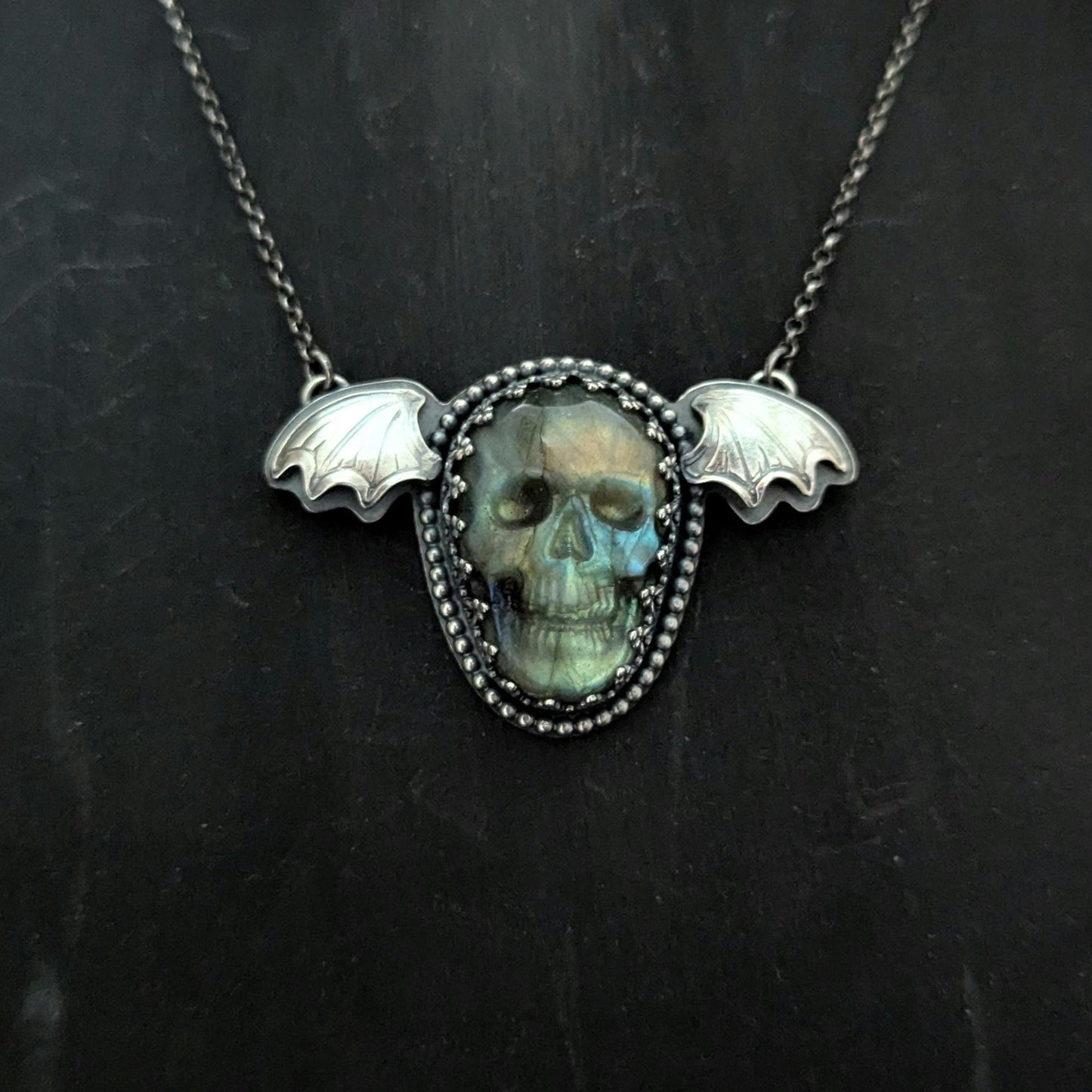 925 Sterling Silver Labradorite Flying Skull Pendant Necklace 18"