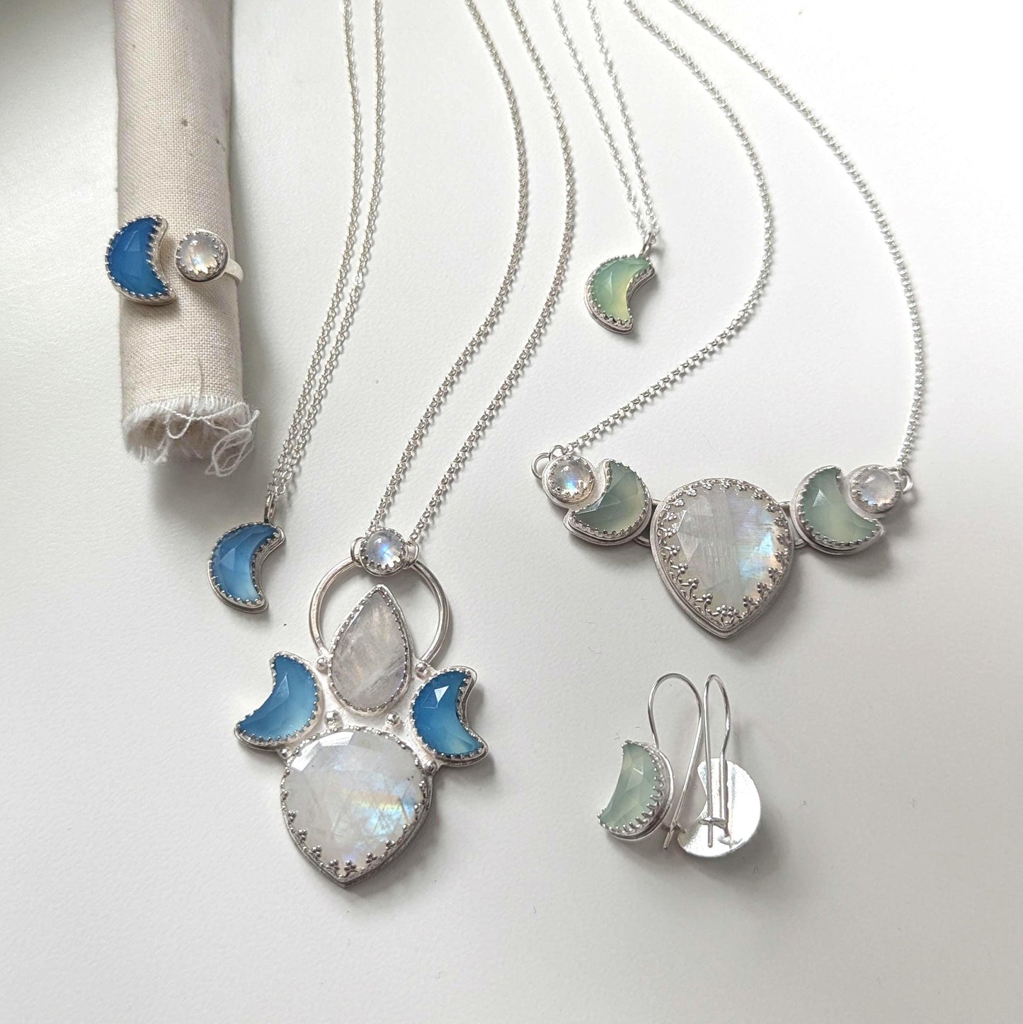925 Sterling Silver Green Chalcedony Crescent Moon Pendant Necklace | Light Celestial Collection