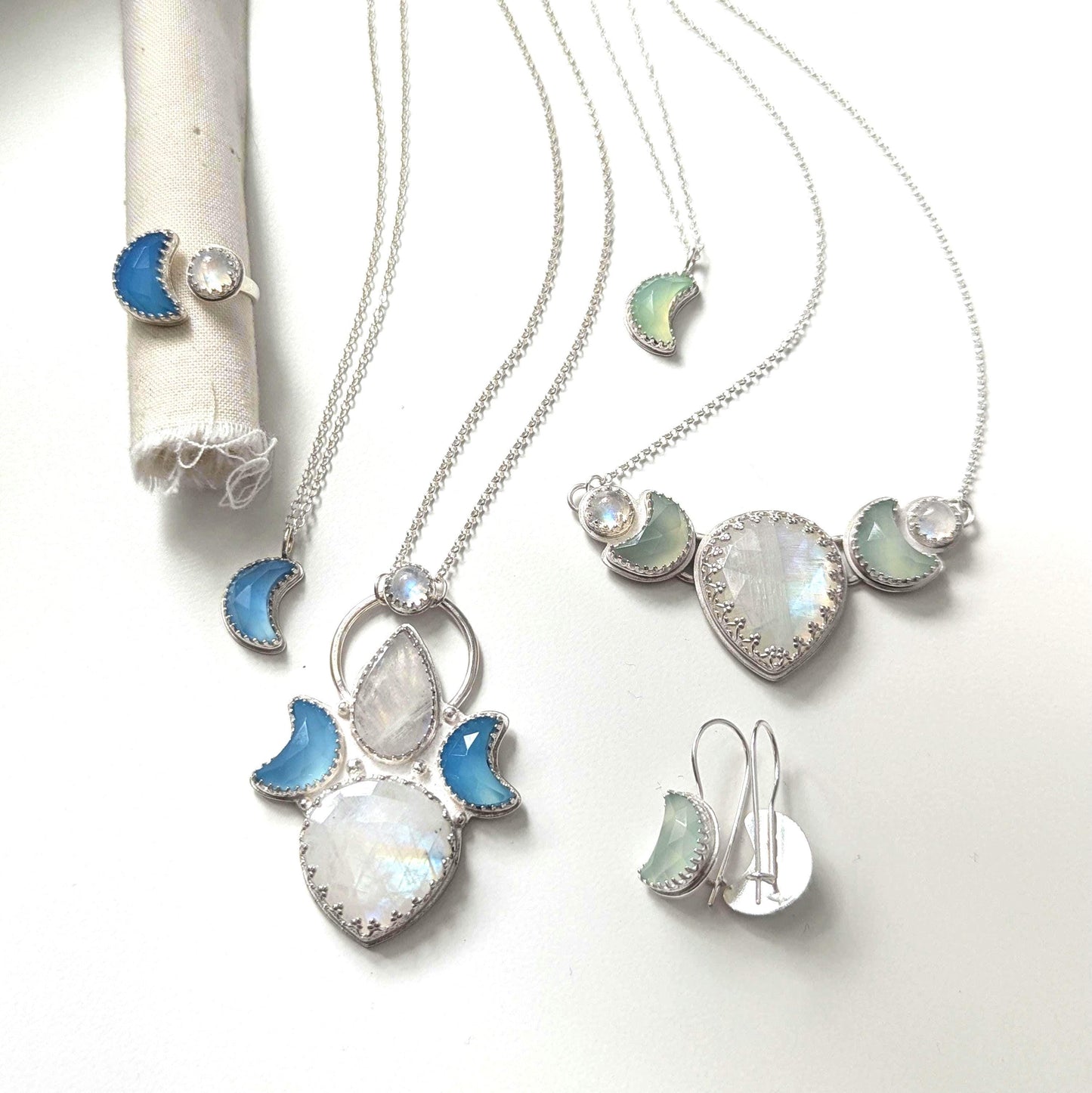 925 Sterling Silver Rainbow Moonstone Blue Chalcedony Crescent Moon Open Adjustable Ring | Size 7 1/2 - 8 | Light Celestial Collection