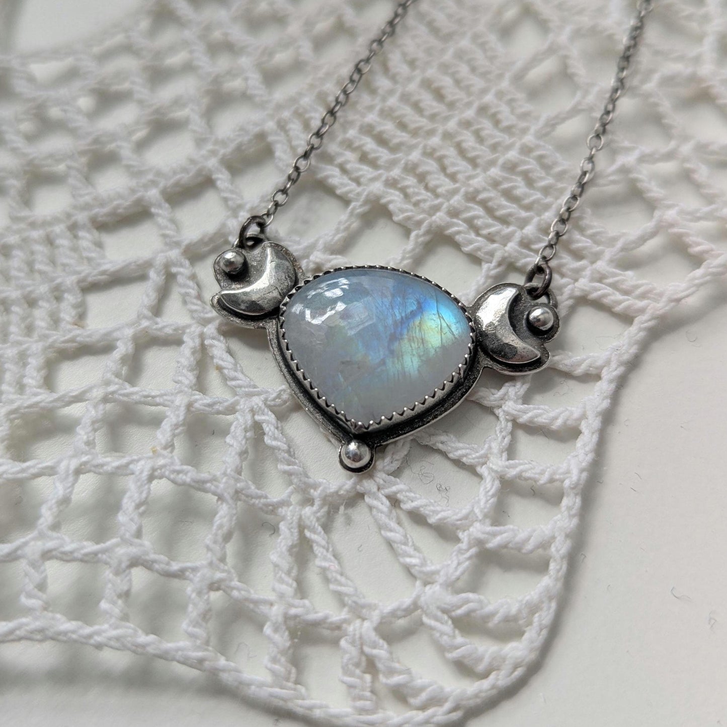 925 Sterling Silver Rainbow Moonstone Dainty Celestial Pendant Necklace | Moon Phase Necklace | 16"