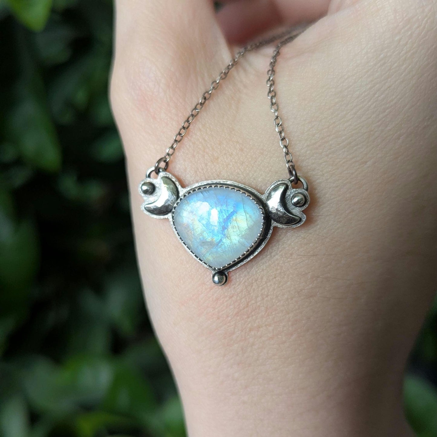 925 Sterling Silver Rainbow Moonstone Dainty Celestial Pendant Necklace | Moon Phase Necklace | 16"