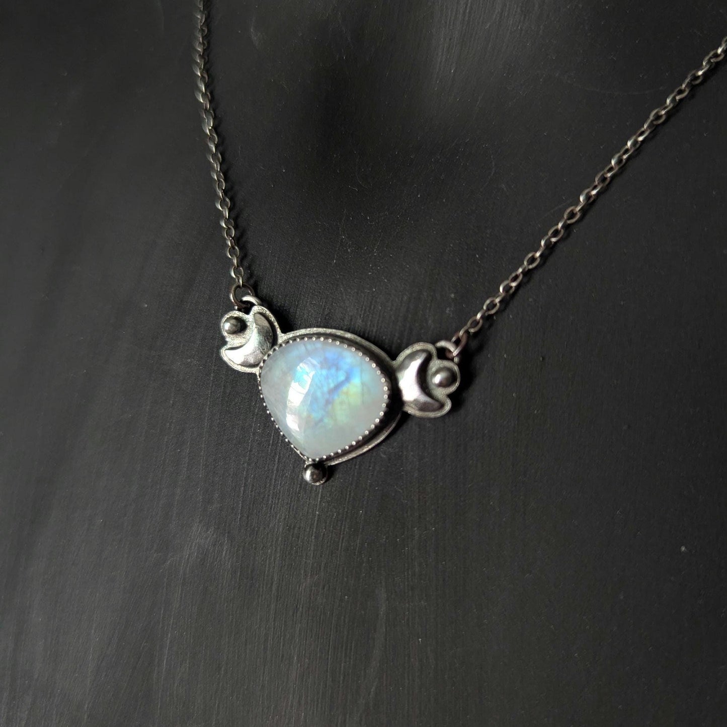 925 Sterling Silver Rainbow Moonstone Dainty Celestial Pendant Necklace | Moon Phase Necklace | 16"