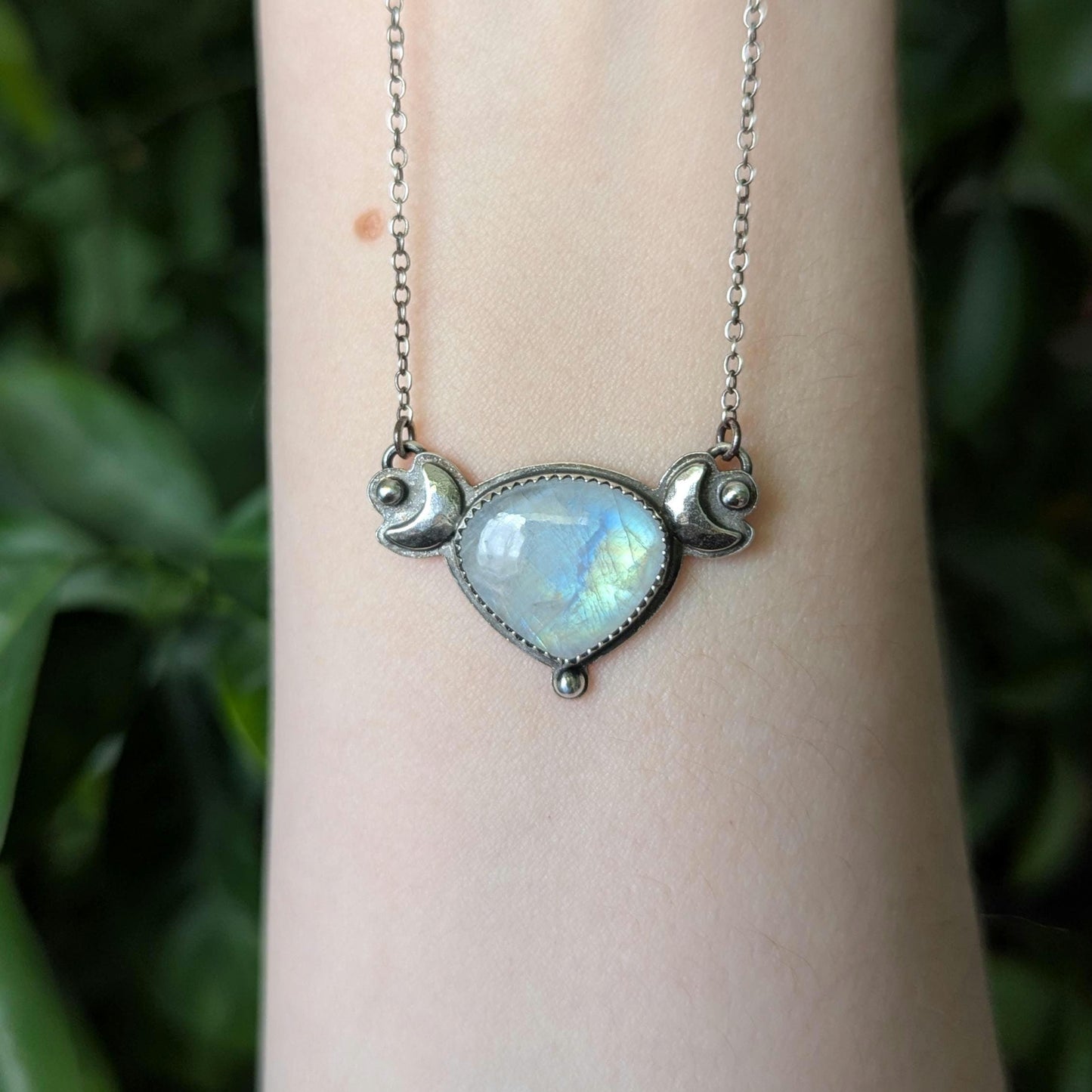 925 Sterling Silver Rainbow Moonstone Dainty Celestial Pendant Necklace | Moon Phase Necklace | 16"