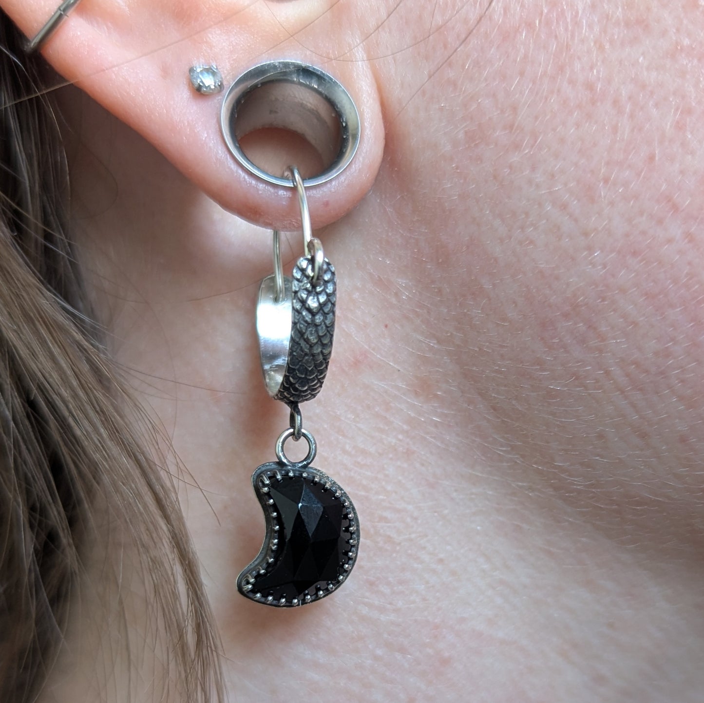 925 Sterling Silver Celestial Black Onyx Crescent Moon Ear Hangers