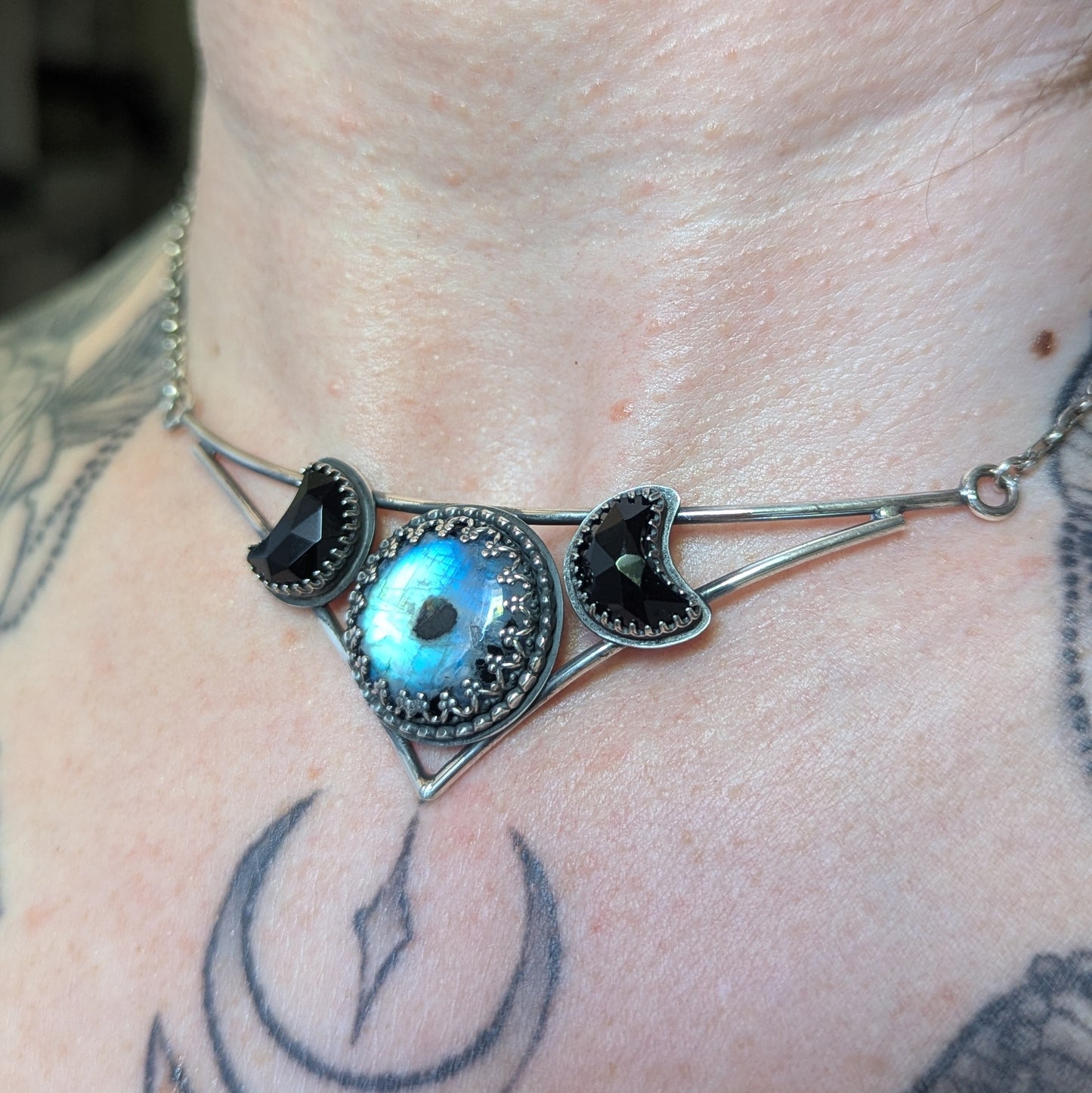 925 Sterling Silver Rainbow Moonstone and Black Onyx Crescent Moon Celestial Choker | 14"-16"