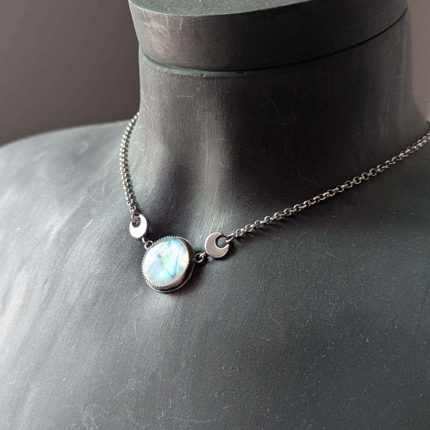 925 Sterling Silver Rainbow Moonstone Dainty Celestial Necklace | 15-17"