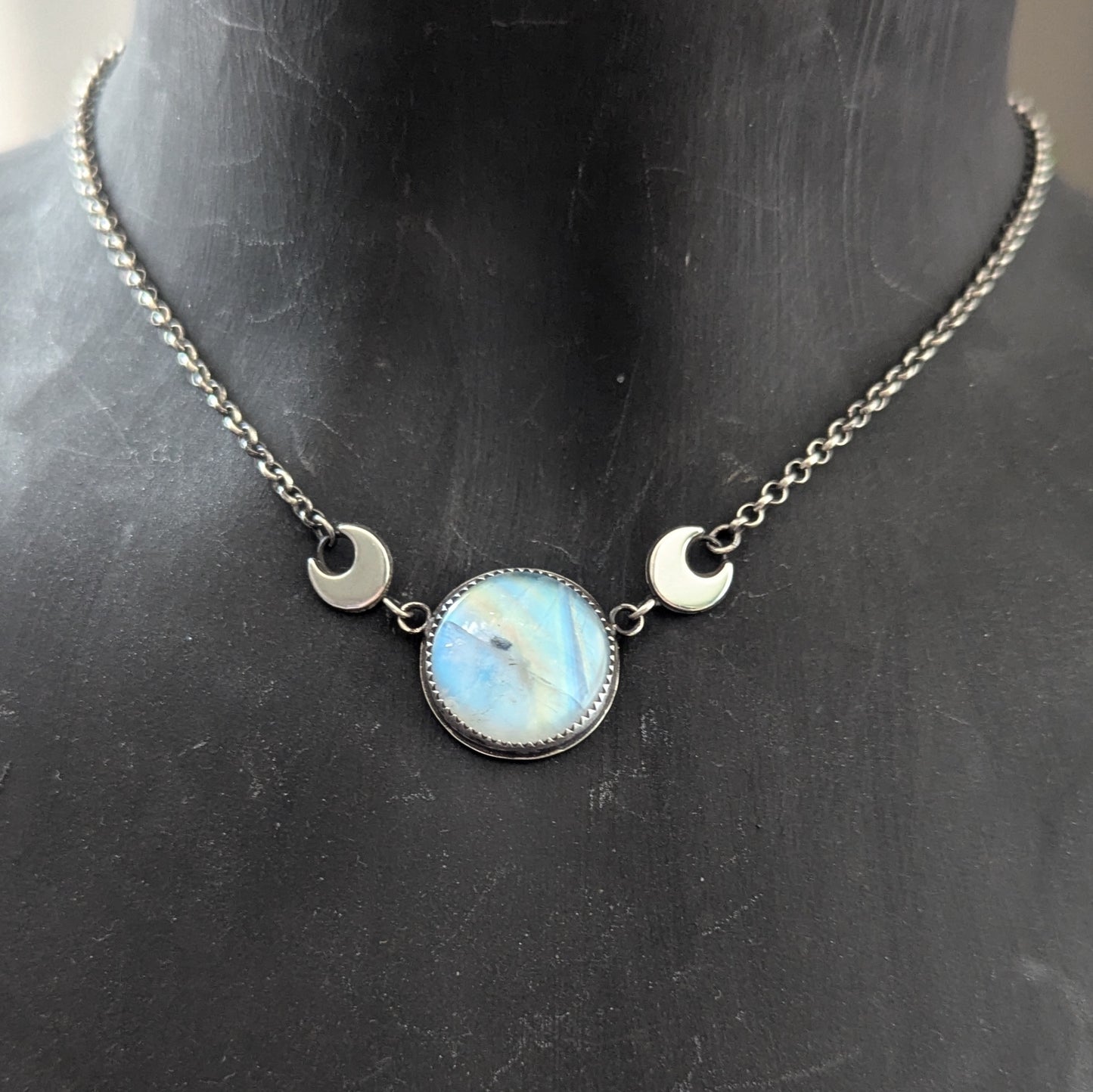 925 Sterling Silver Rainbow Moonstone Dainty Celestial Necklace | 15-17"
