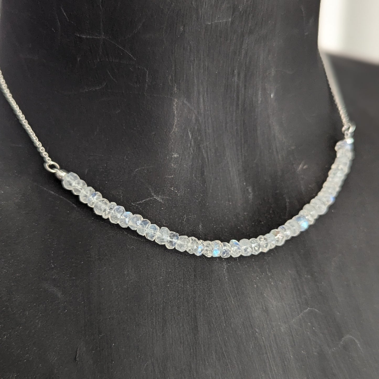 925 Sterling Silver Rainbow Moonstone Dainty Choker 15-17"