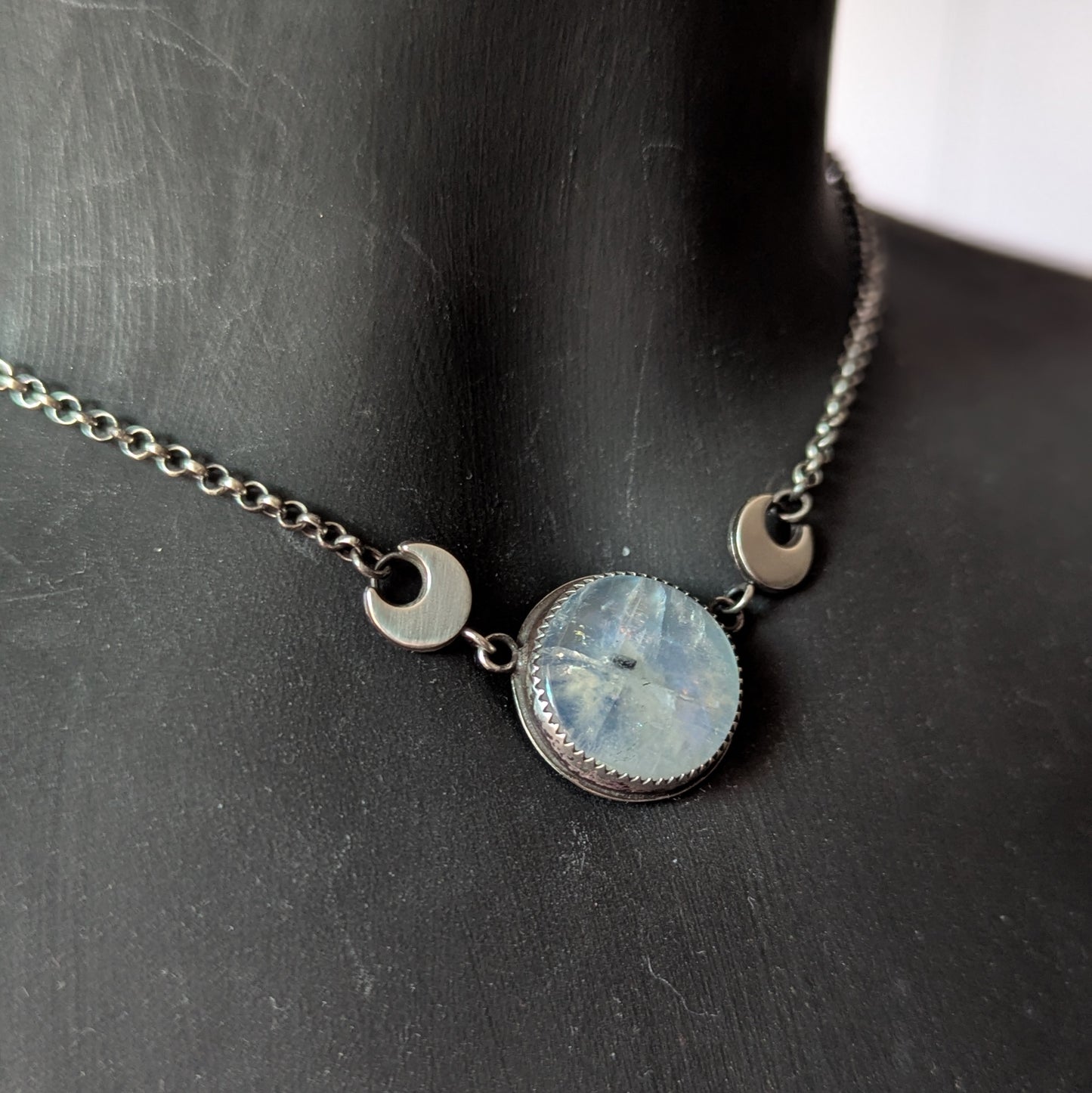 925 Sterling Silver Rainbow Moonstone Dainty Celestial Necklace | 15-17"