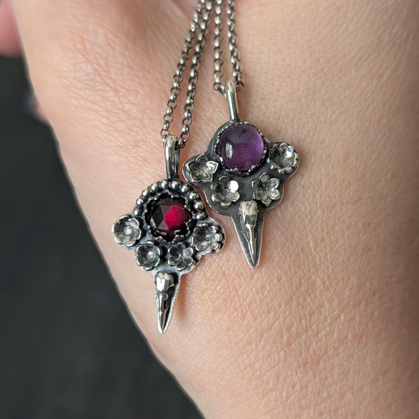 Sterling Silver Raven Rhodolite Garnet Floral Pendant Necklace