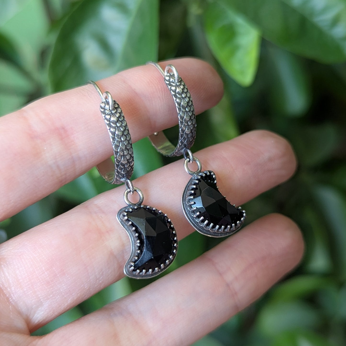 925 Sterling Silver Celestial Black Onyx Crescent Moon Ear Hangers