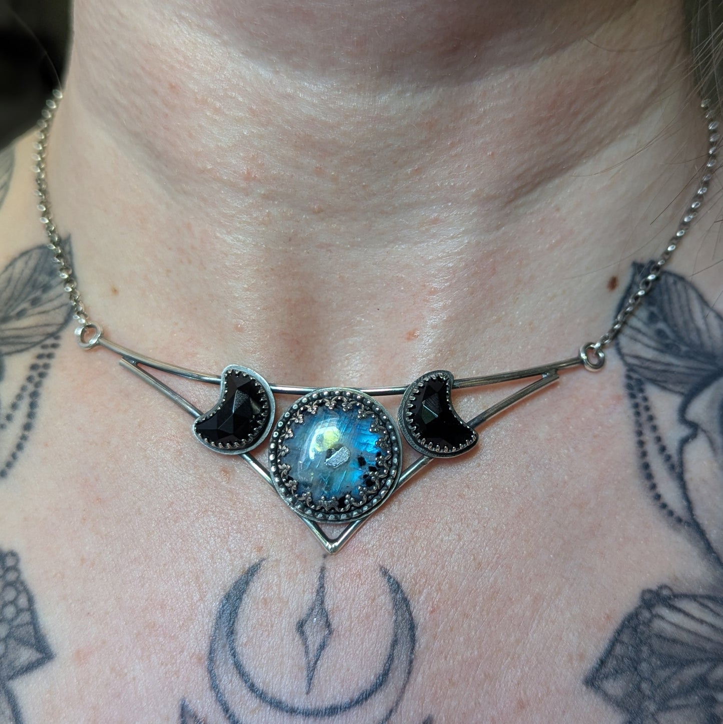 925 Sterling Silver Rainbow Moonstone and Black Onyx Crescent Moon Celestial Choker | 14"-16"