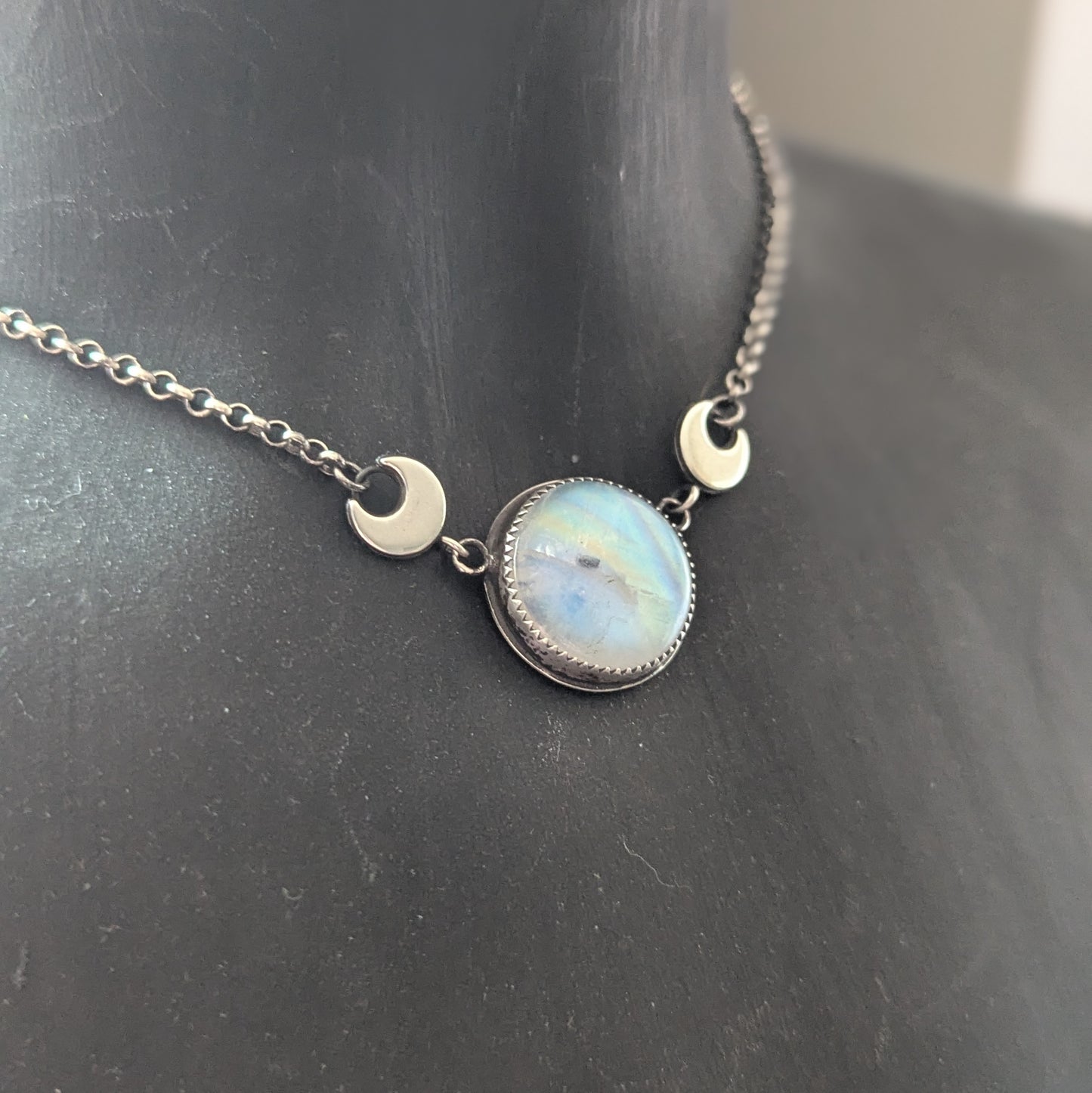 925 Sterling Silver Rainbow Moonstone Dainty Celestial Necklace | 15-17"