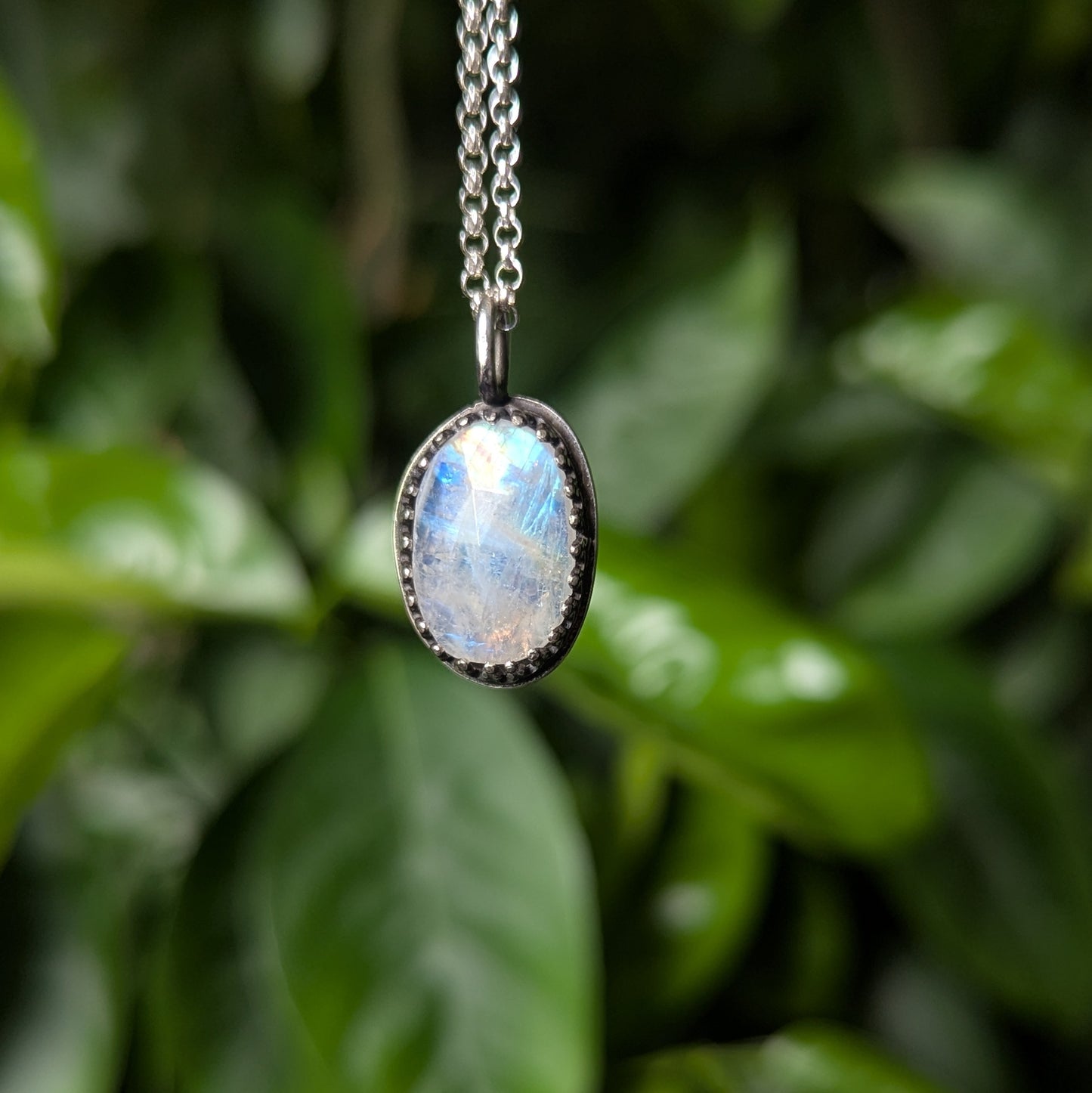 925 Sterling Silver Rainbow Moonstone Pendant Necklace 18"