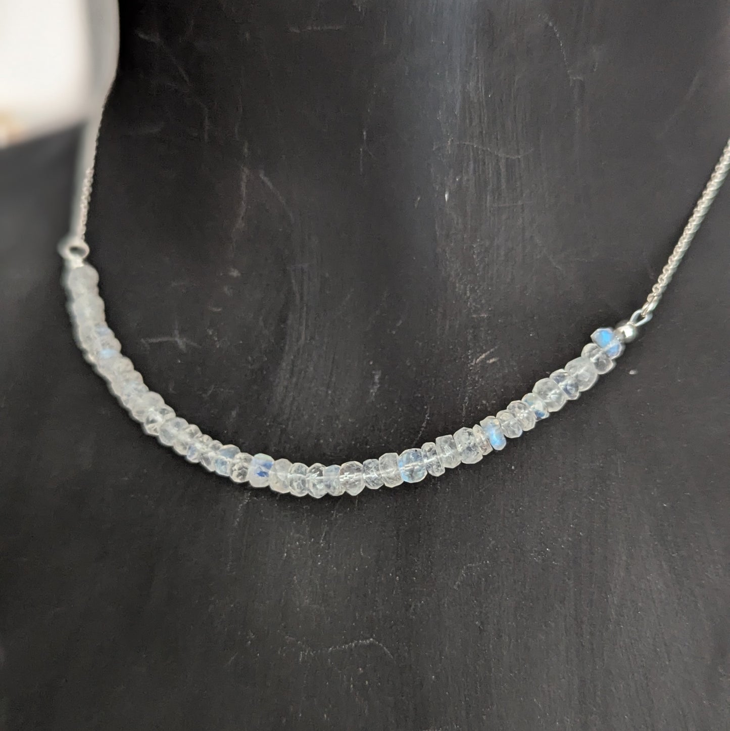 925 Sterling Silver Rainbow Moonstone Dainty Choker 15-17"