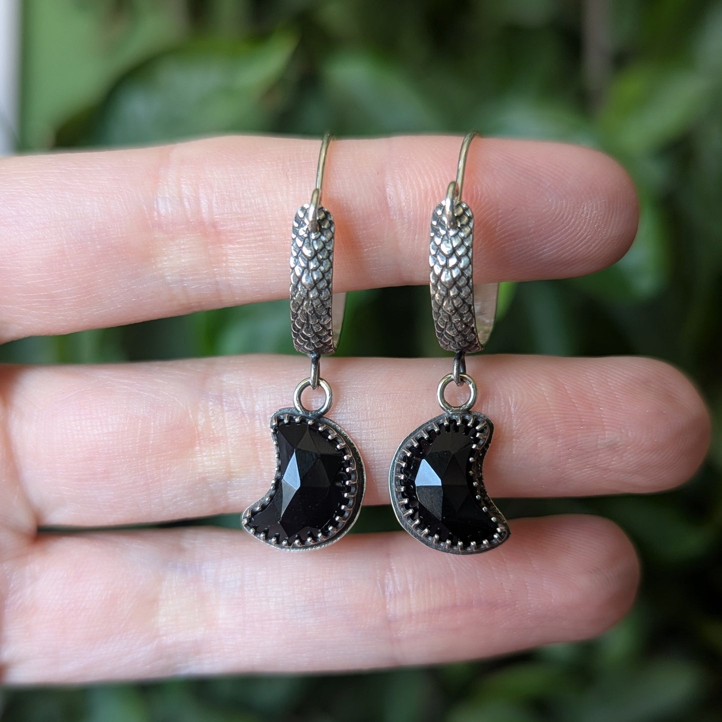 925 Sterling Silver Celestial Black Onyx Crescent Moon Ear Hangers