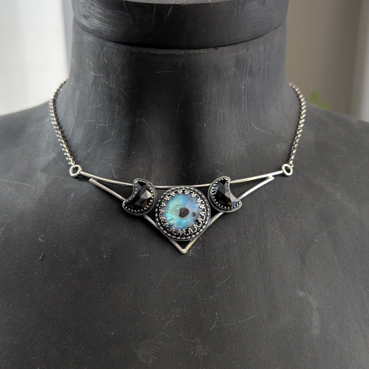 925 Sterling Silver Rainbow Moonstone and Black Onyx Crescent Moon Celestial Choker | 14"-16"