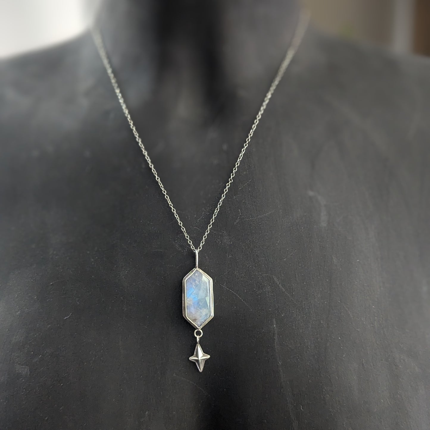 925 Sterling Silver Rainbow Moonstone Celestial Star Dainty Pendant Necklace | 18"