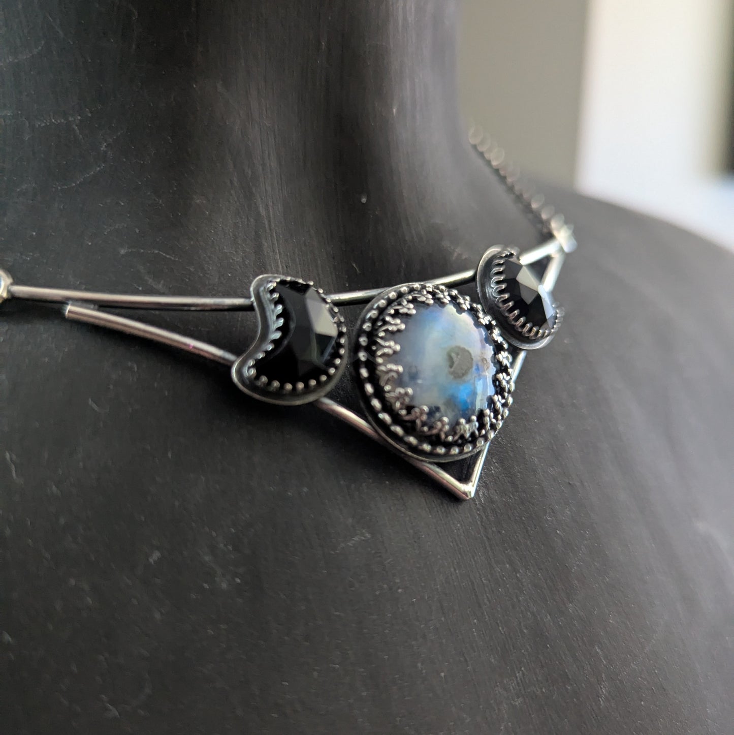 925 Sterling Silver Rainbow Moonstone and Black Onyx Crescent Moon Celestial Choker | 14"-16"