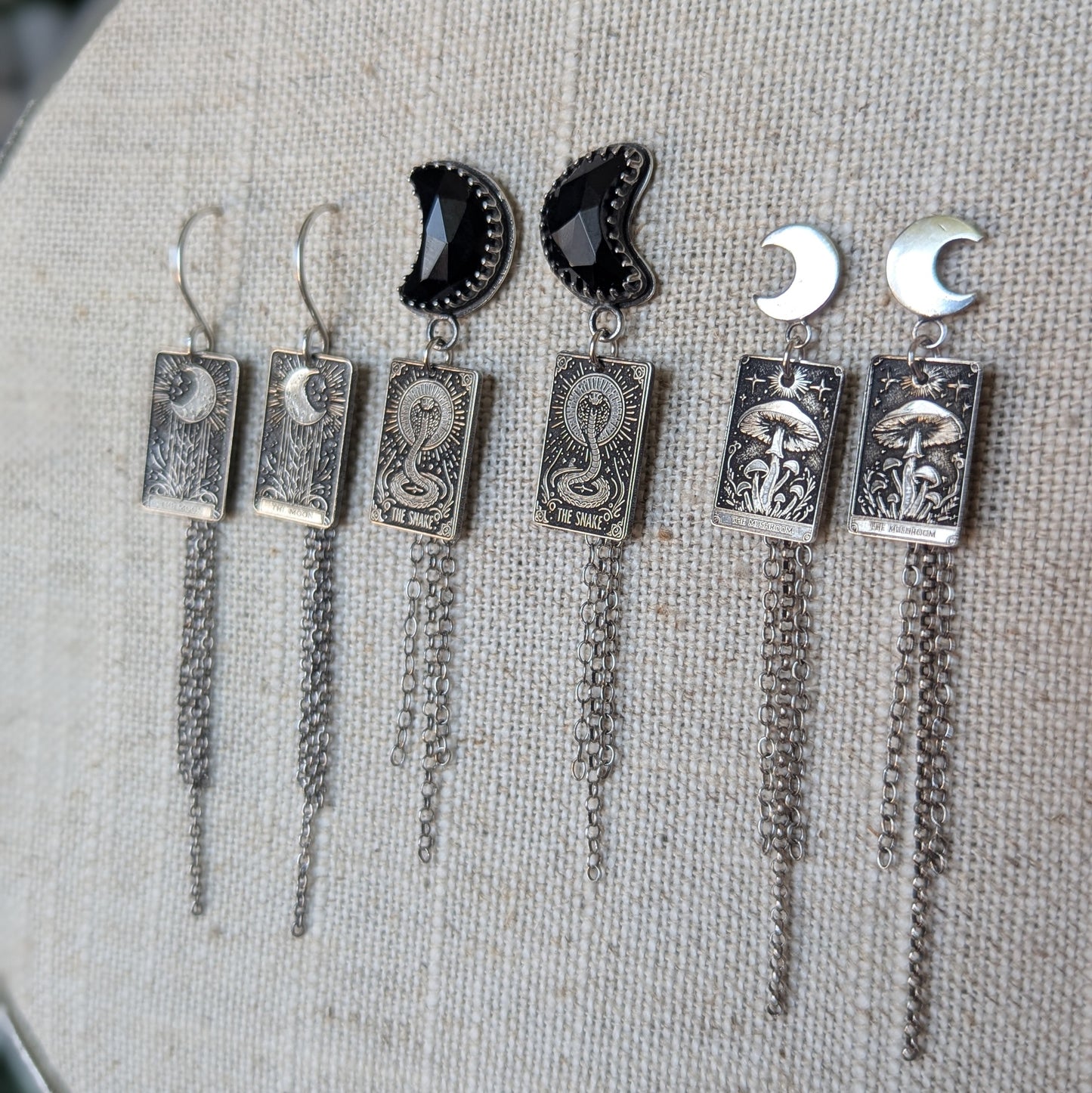 925 Sterling Silver Black Onyx Crescent Moon Snake Tarot Inspired Chain Tassel Dangle Earrings