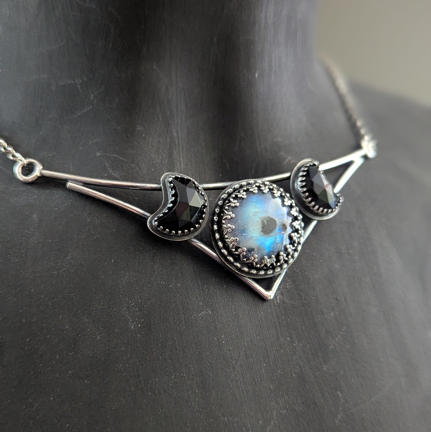 925 Sterling Silver Rainbow Moonstone and Black Onyx Crescent Moon Celestial Choker | 14"-16"