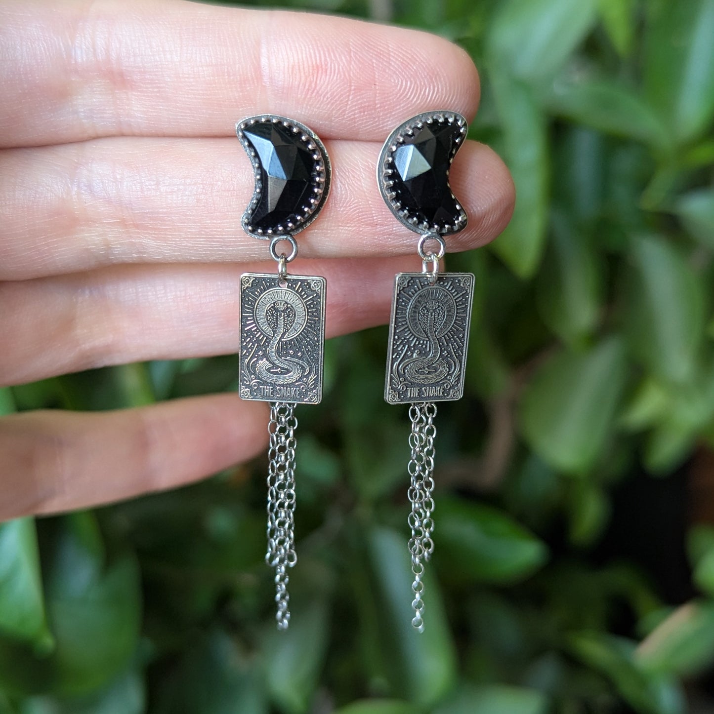 925 Sterling Silver Black Onyx Crescent Moon Snake Tarot Inspired Chain Tassel Dangle Earrings