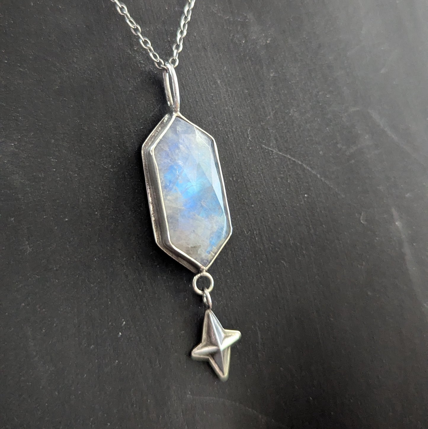 925 Sterling Silver Rainbow Moonstone Celestial Star Dainty Pendant Necklace | 18"