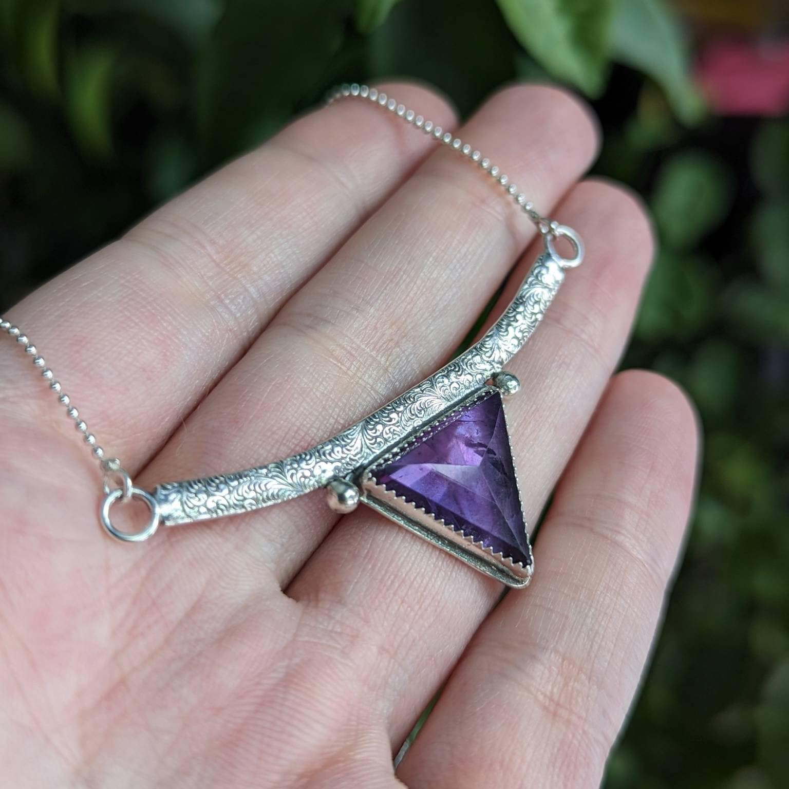 925 Sterling Silver Amethyst Spike Feathered Pendant Necklace - 16"