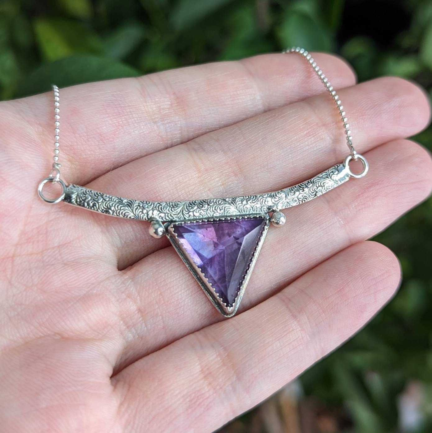 925 Sterling Silver Amethyst Spike Feathered Pendant Necklace - 16"